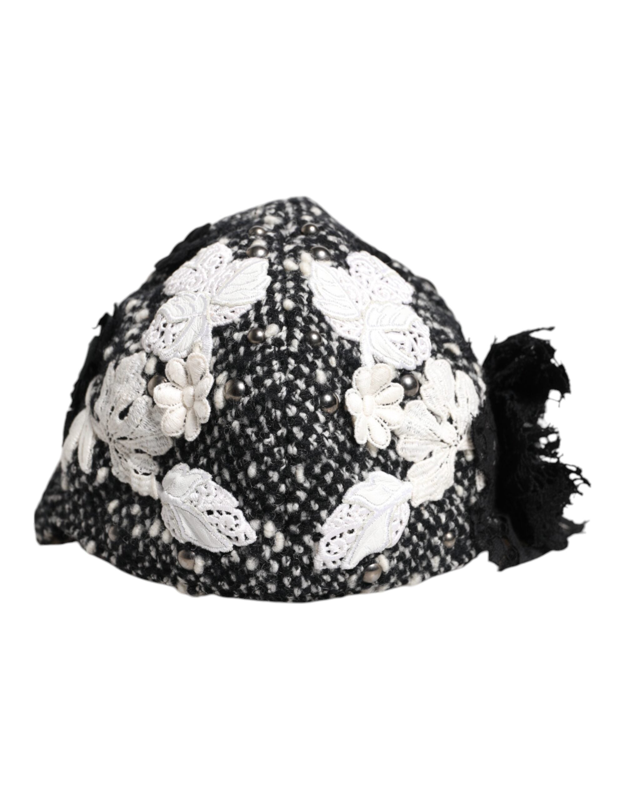 Dolce & Gabbana Black Wool White Floral Embellished Cloche Women's Hat