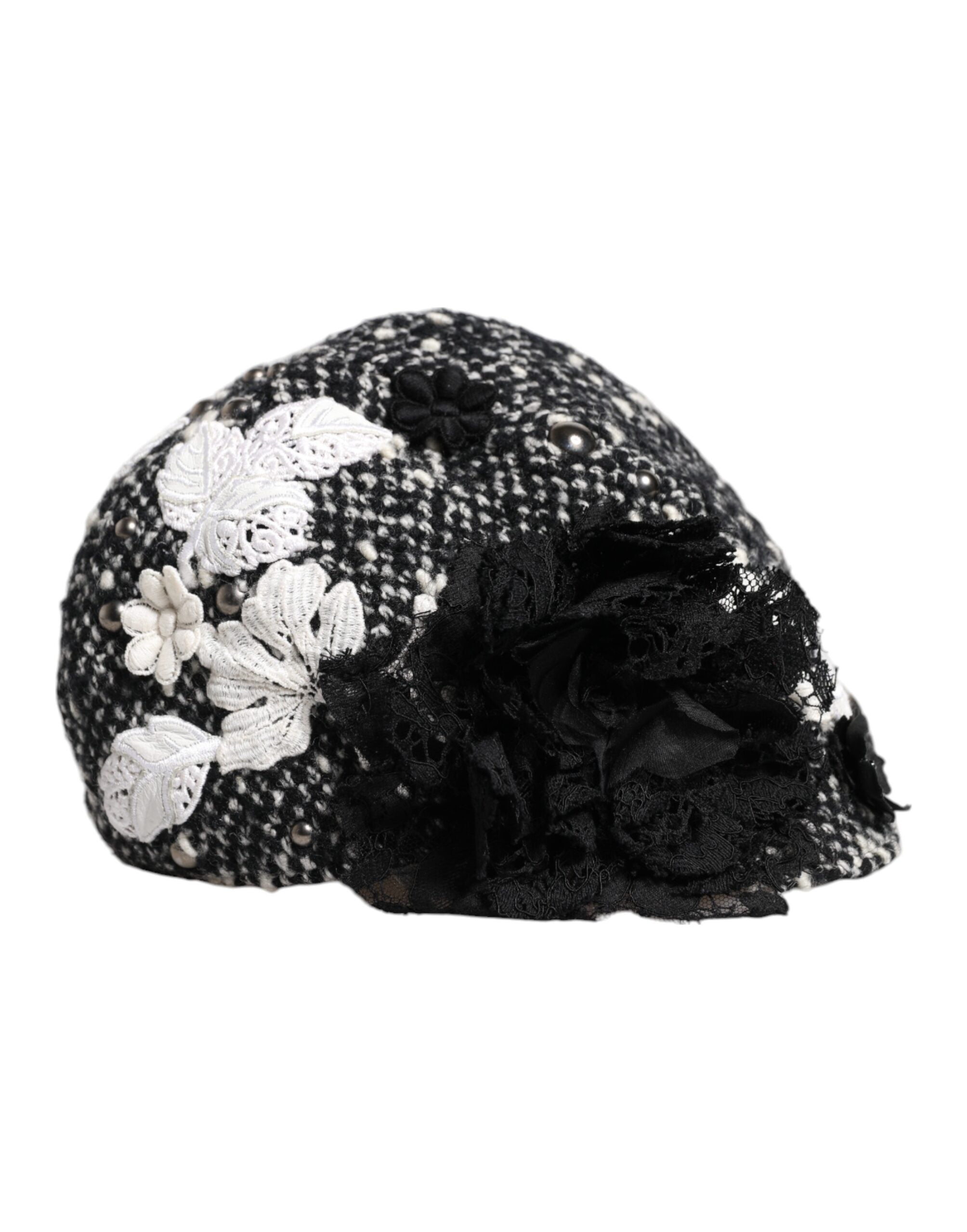 Dolce & Gabbana Black Wool White Floral Embellished Cloche Women's Hat