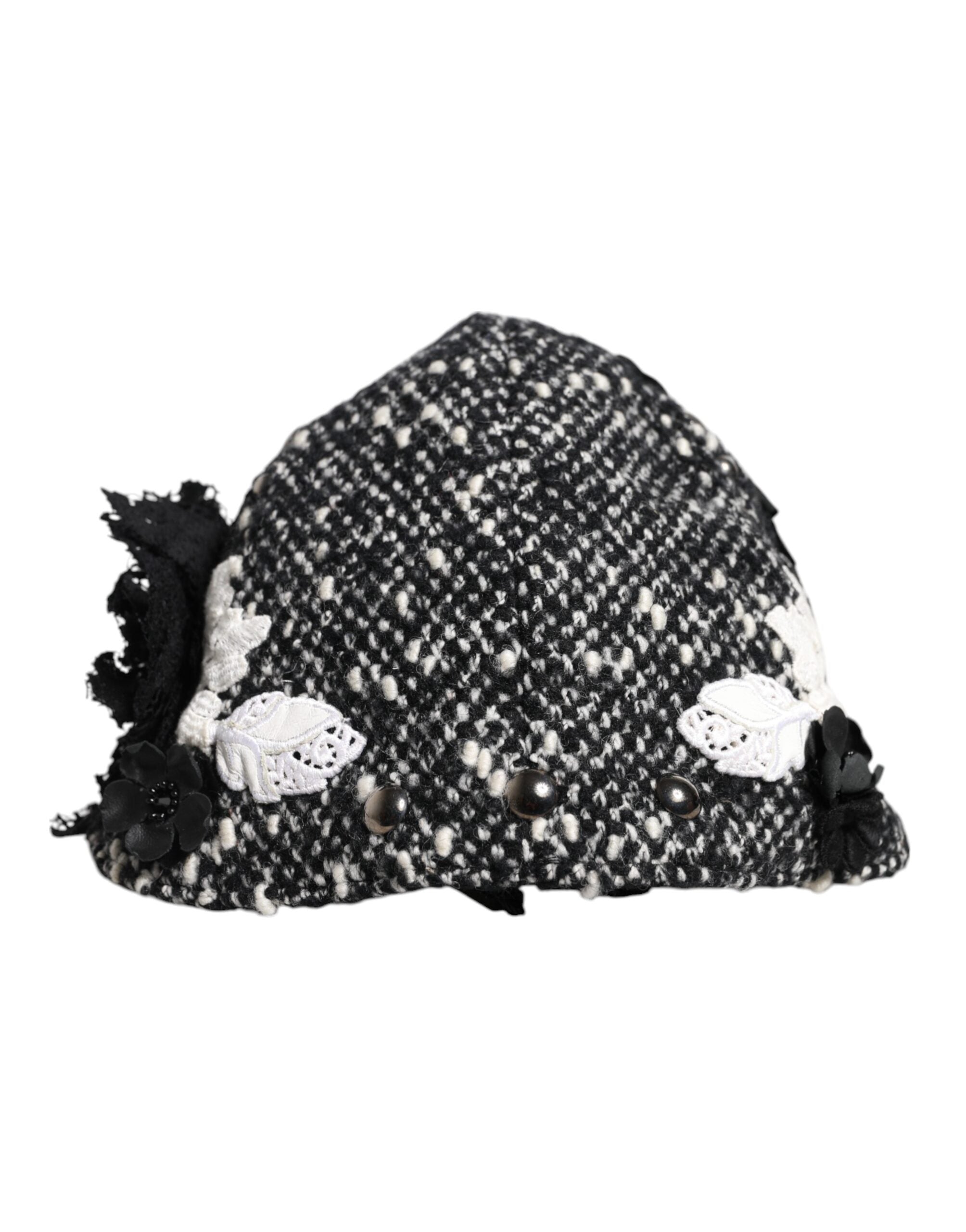 Dolce & Gabbana Black Wool White Floral Embellished Cloche Women's Hat