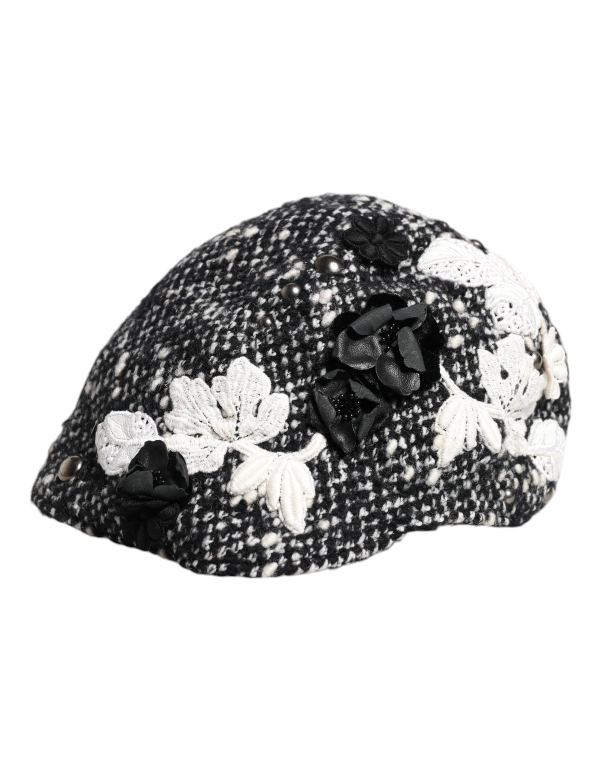 Dolce & Gabbana Black Wool White Floral Embellished Cloche Women's Hat