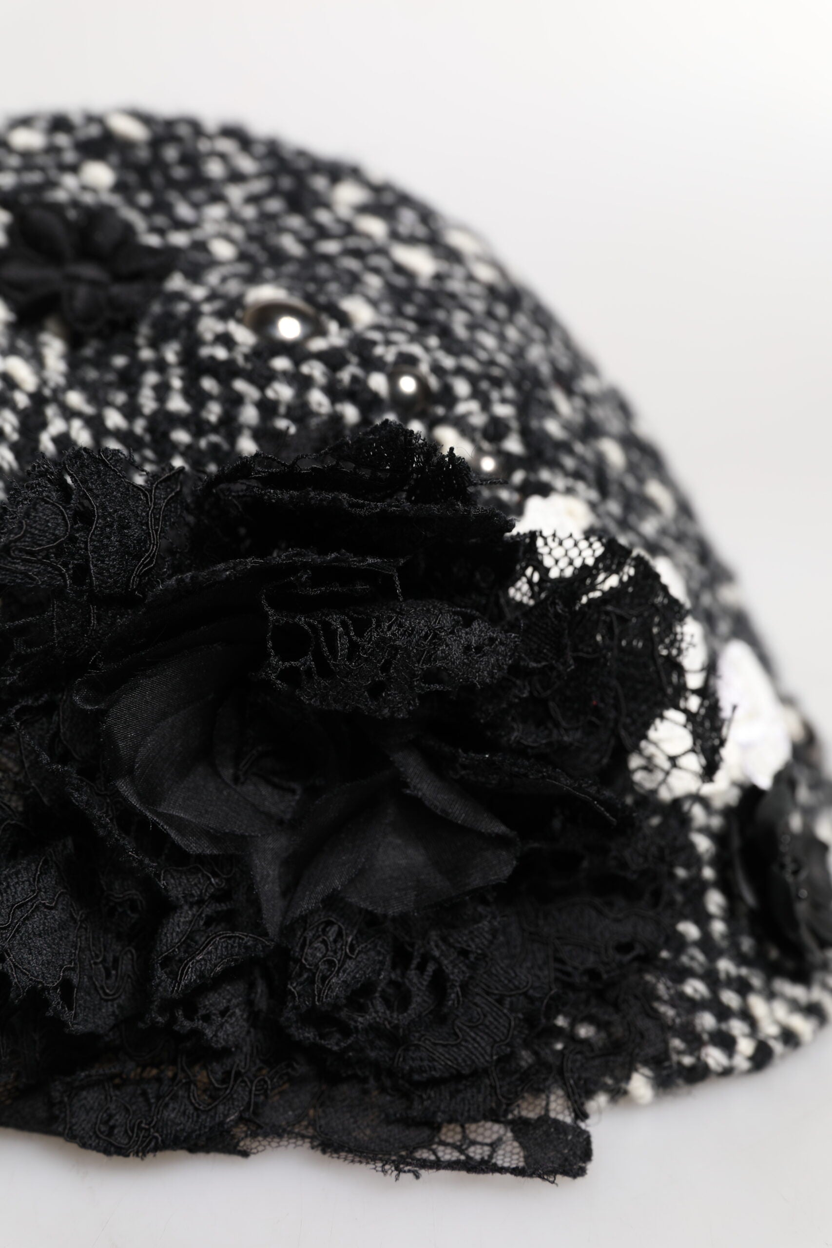Dolce & Gabbana Black Wool White Floral Embellished Cloche Women's Hat
