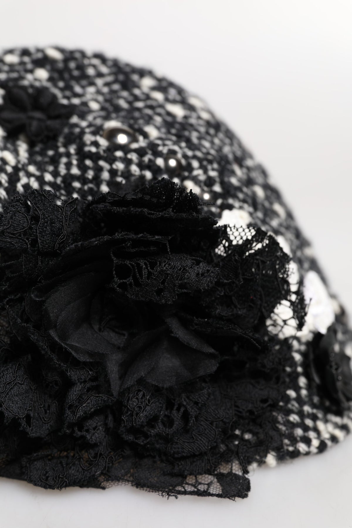 Dolce & Gabbana Black Wool White Floral Embellished Cloche Women's Hat
