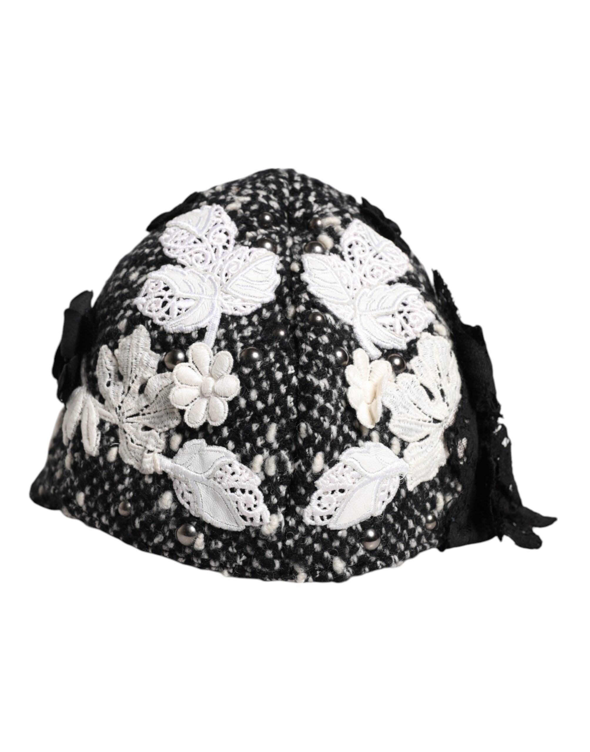 Dolce & Gabbana Black Wool White Floral Embellished Cloche Women's Hat