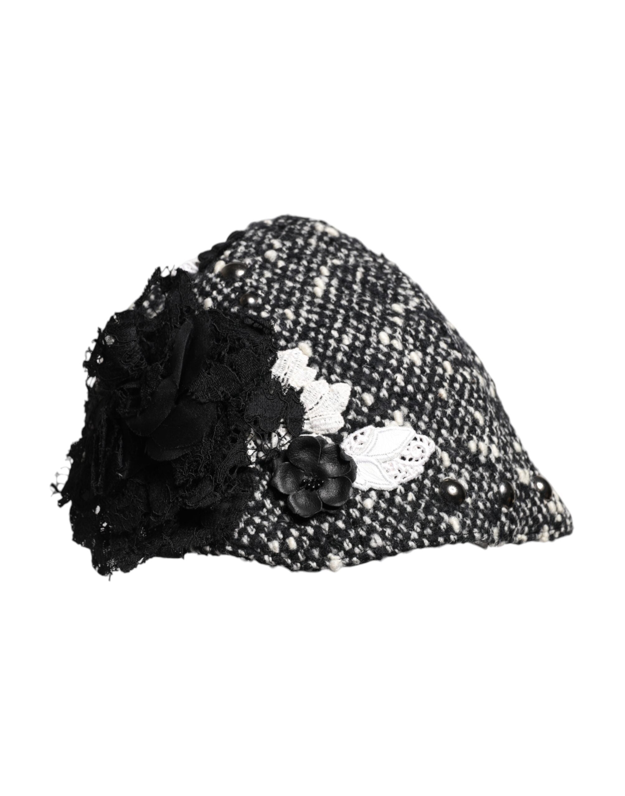 Dolce & Gabbana Black Wool White Floral Embellished Cloche Women's Hat