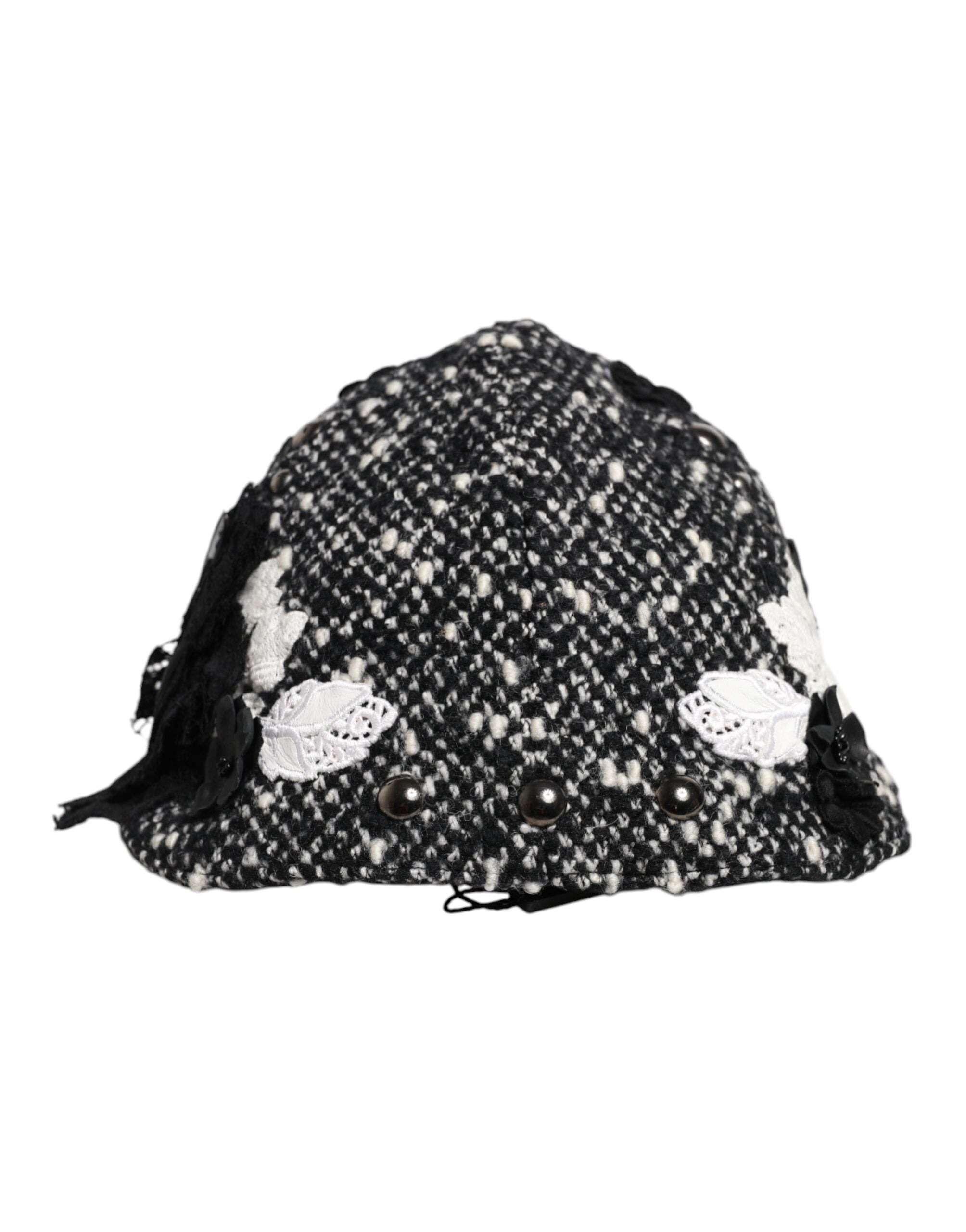 Dolce & Gabbana Black Wool White Floral Embellished Cloche Women's Hat