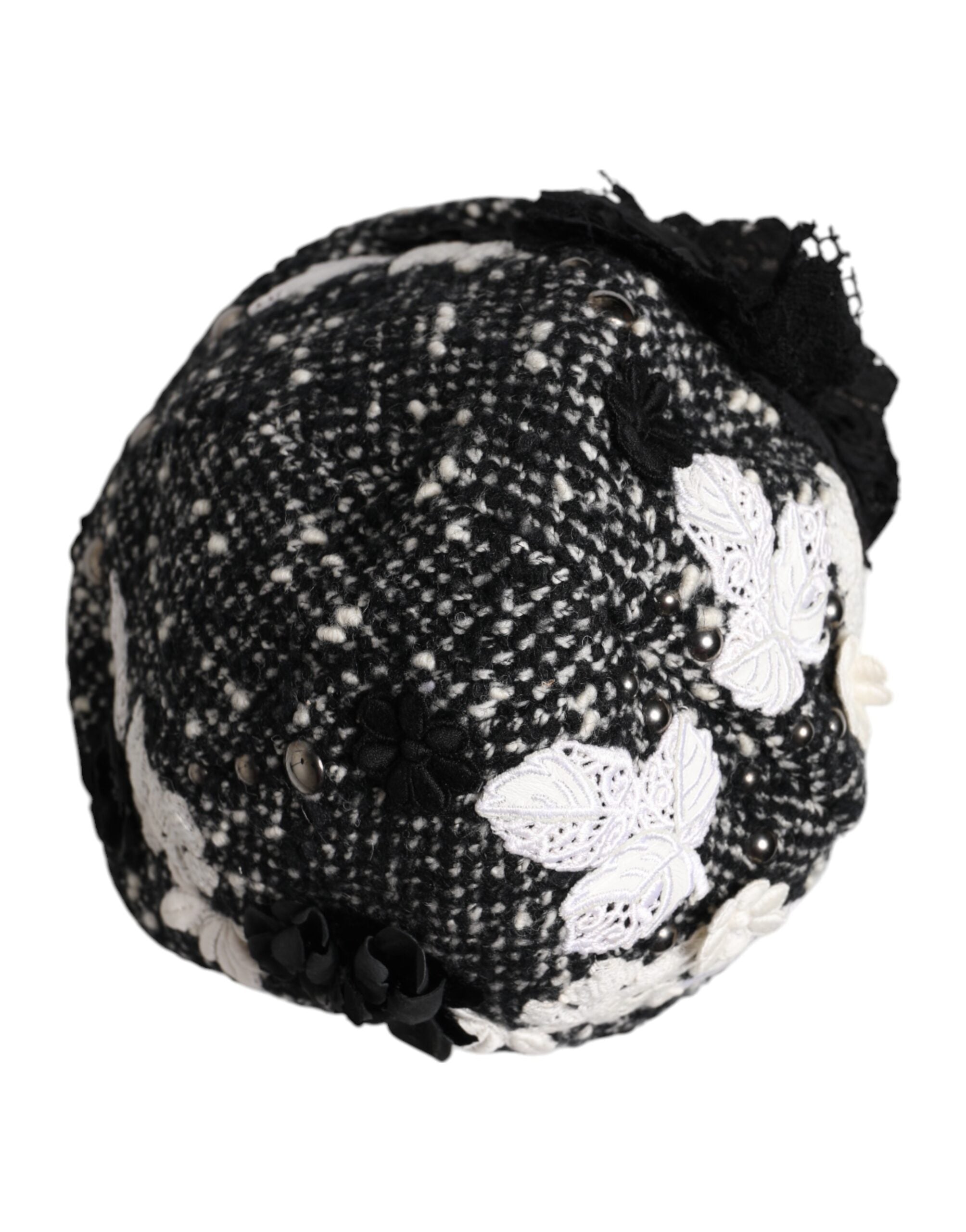 Dolce & Gabbana Black Wool White Floral Embellished Cloche Women's Hat