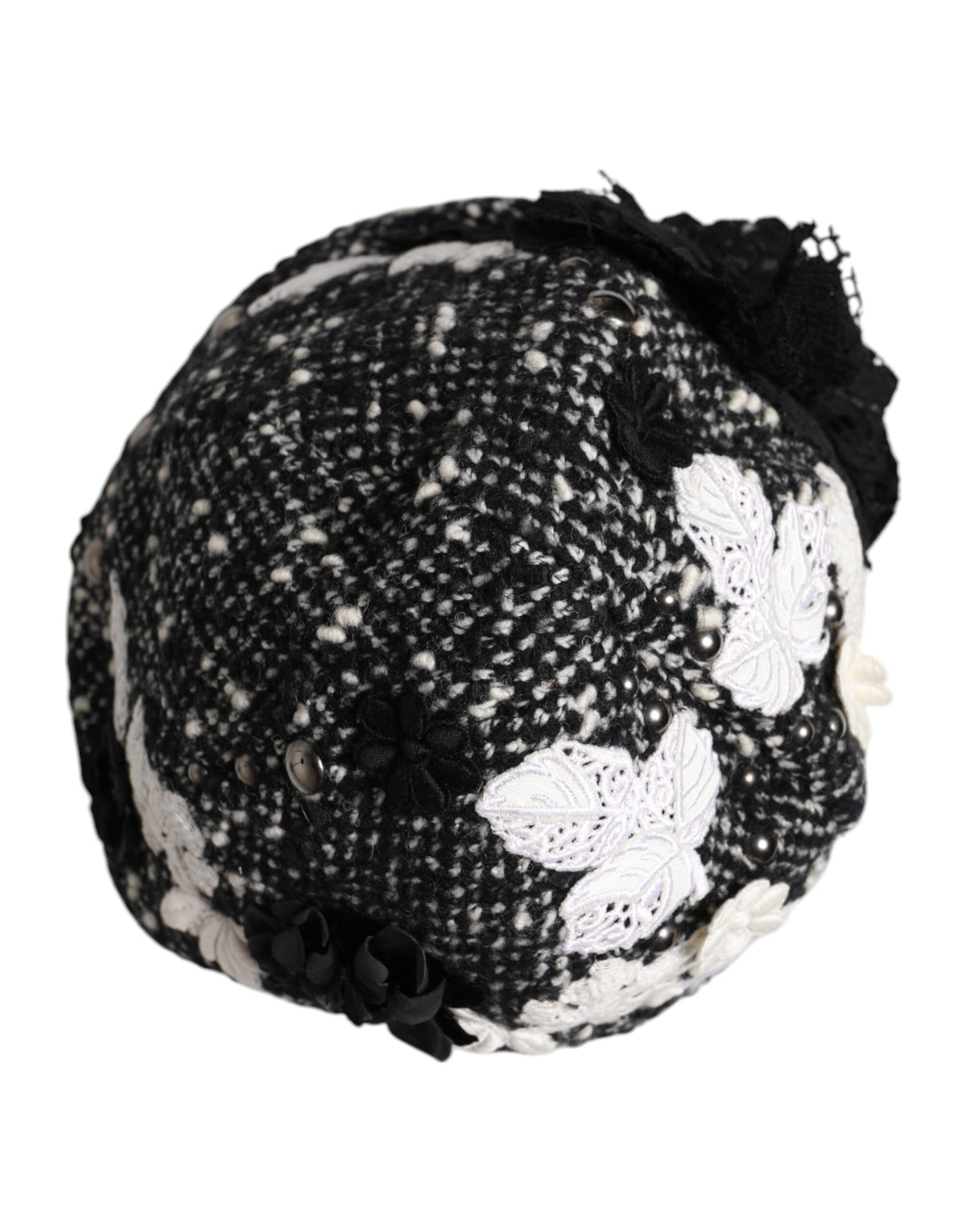 Dolce & Gabbana Black Wool White Floral Embellished Cloche Women's Hat