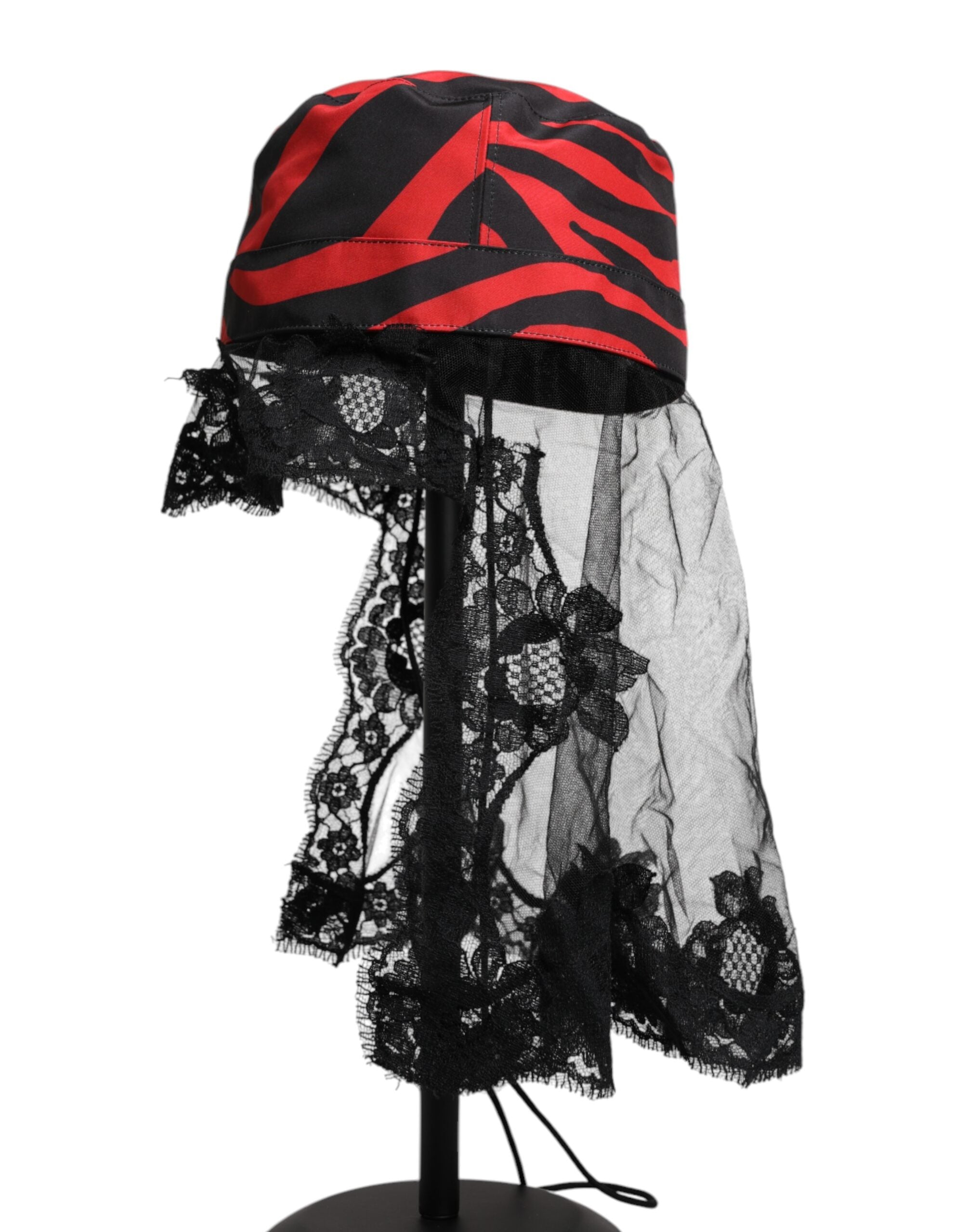 Dolce & Gabbana Black Red Stripes Lace Tulle Bucket Women's Hat