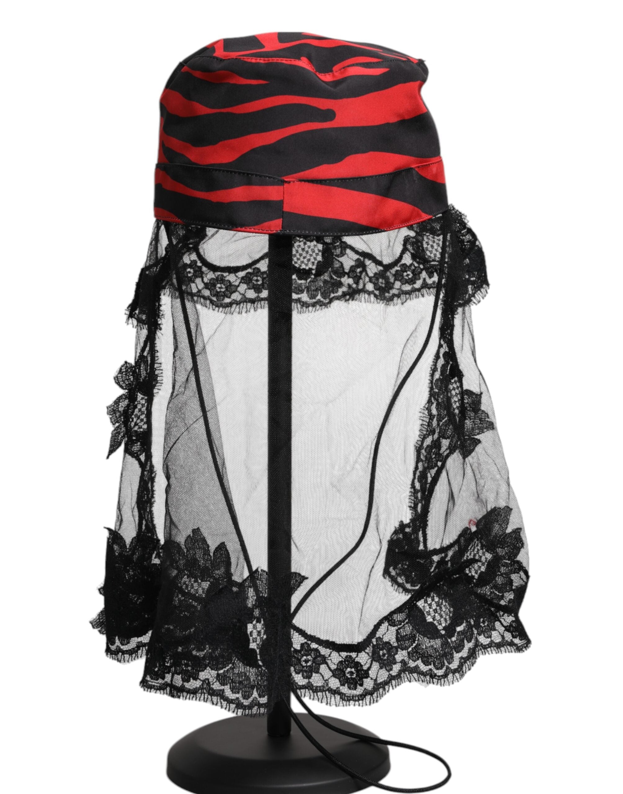 Dolce & Gabbana Black Red Stripes Lace Tulle Bucket Women's Hat