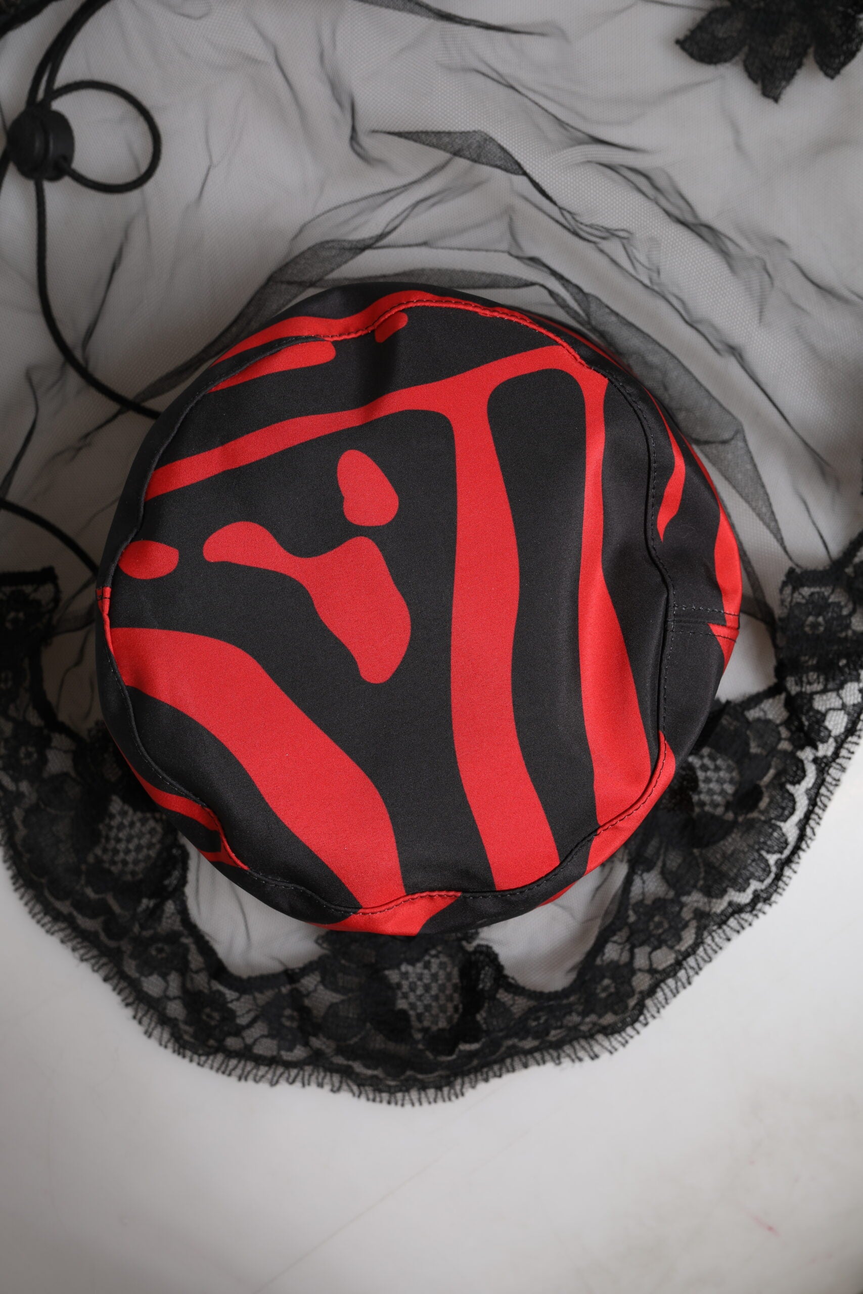 Dolce & Gabbana Black Red Stripes Lace Tulle Bucket Women's Hat
