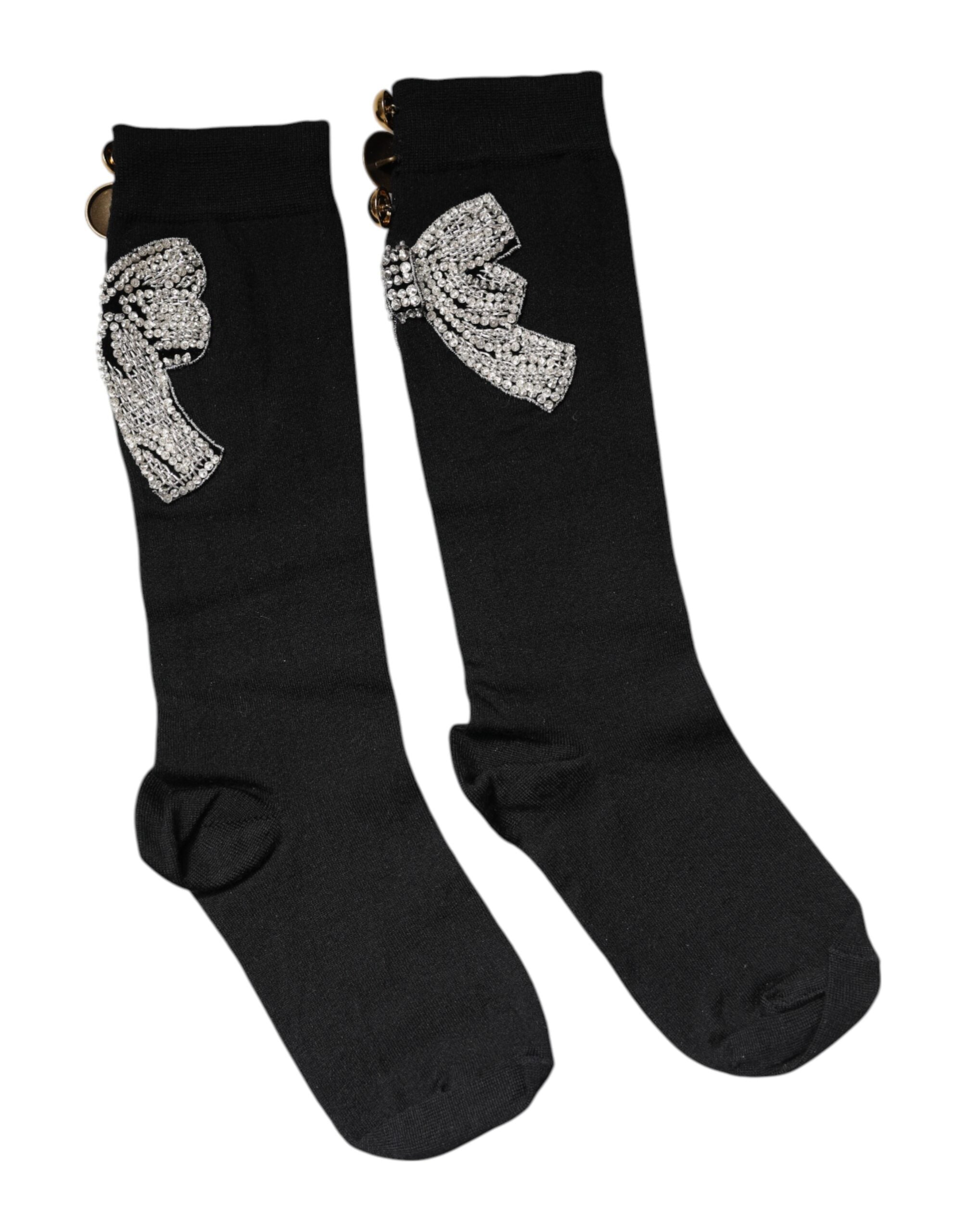 Dolce & Gabbana Black Knit Floral Crystal Embellishment Women's Socks
