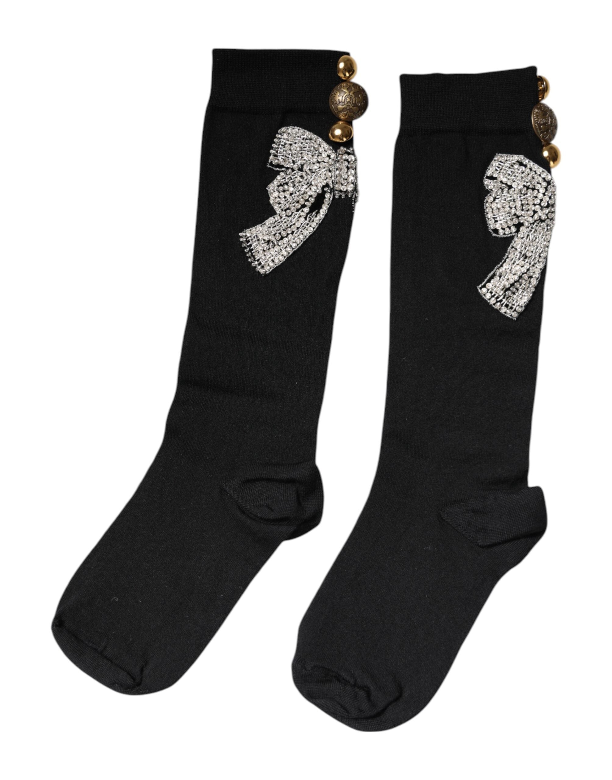 Dolce & Gabbana Black Knit Floral Crystal Embellishment Women's Socks