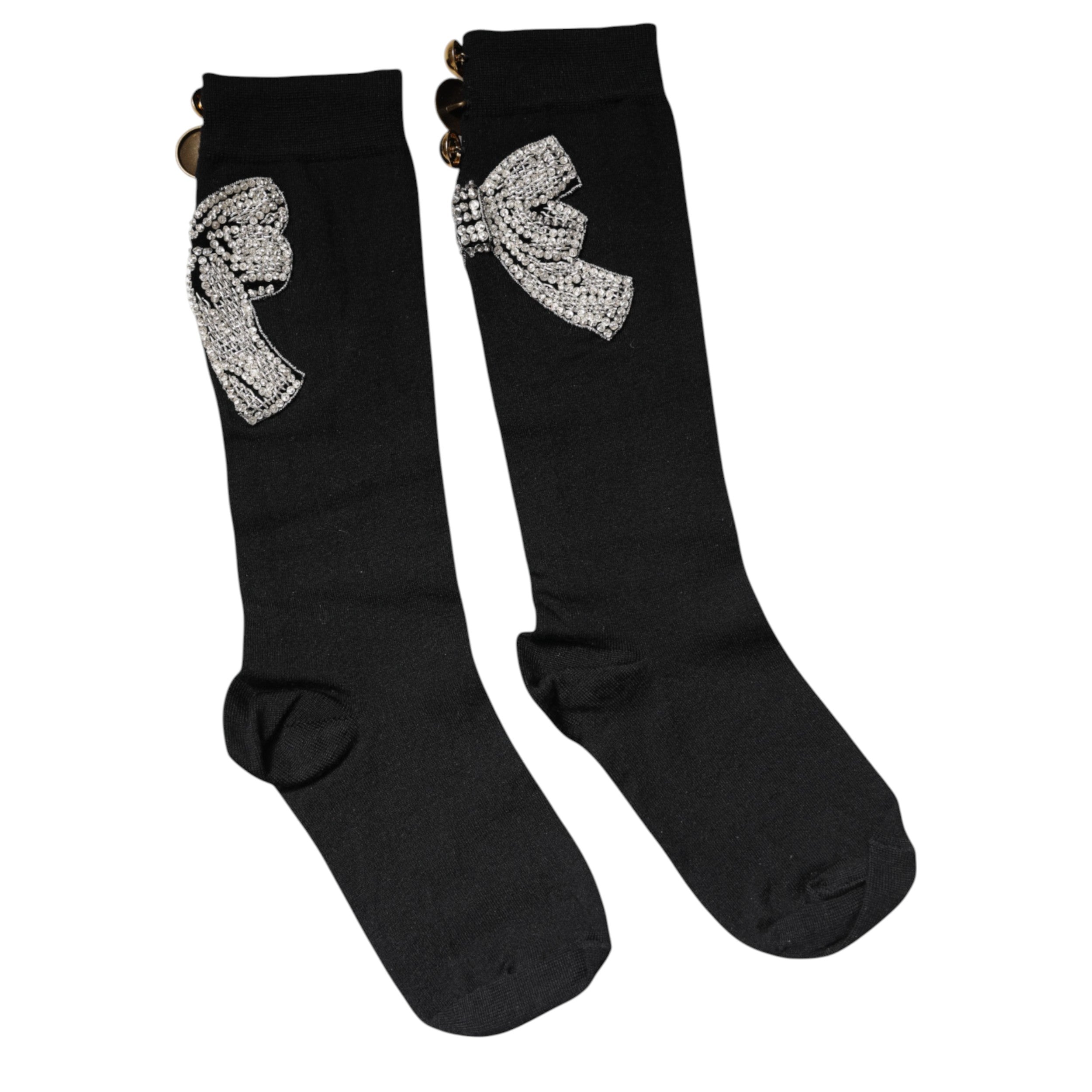 Dolce & Gabbana Black Knit Floral Crystal Embellishment Women's Socks