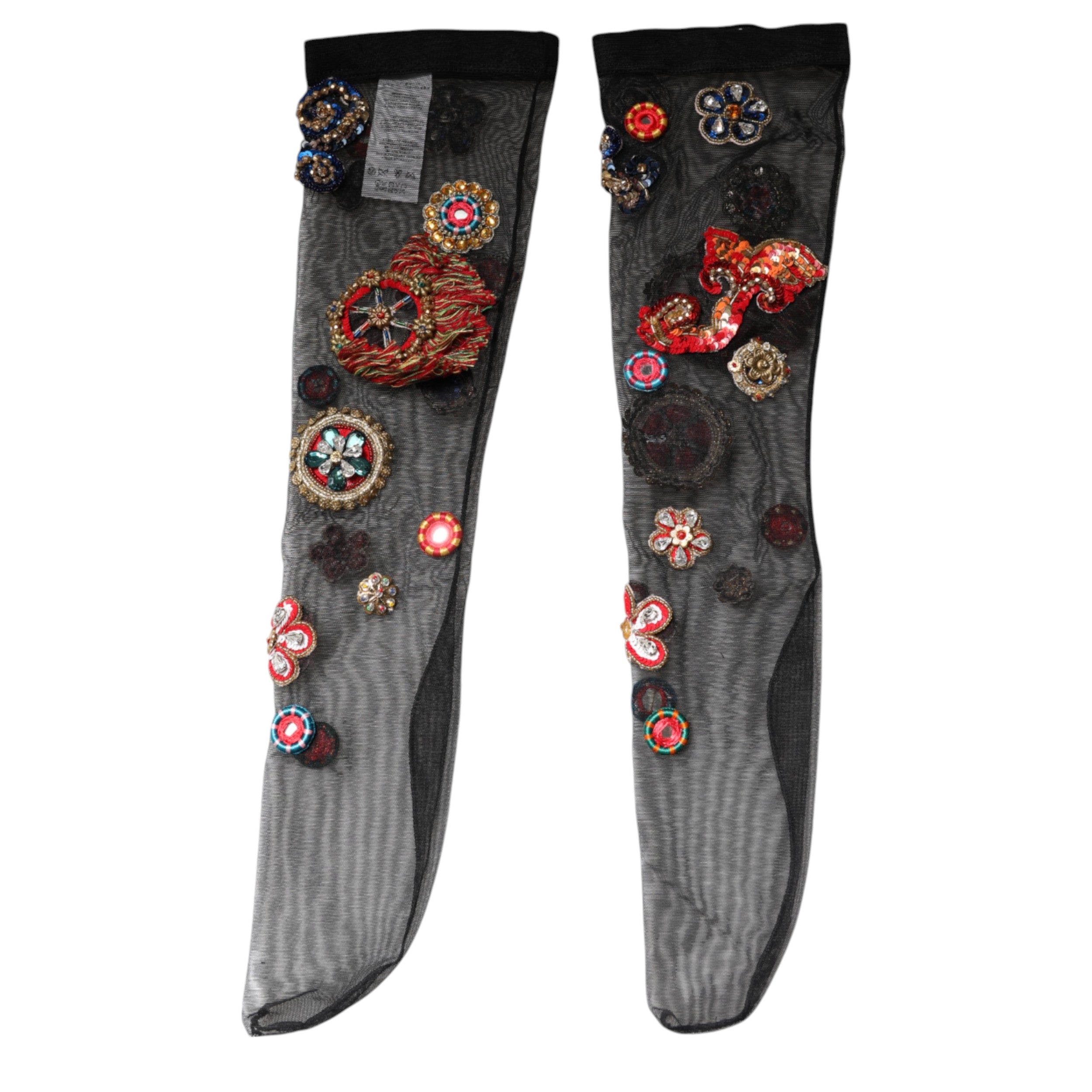 Dolce & Gabbana Black Stretch Carretto Crystal Stockings Women's Socks
