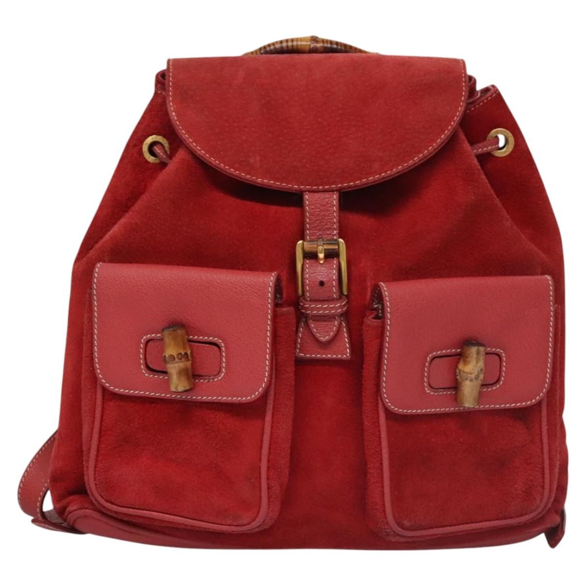 Gucci Vintage Bamboo Suede And Leather Red Suede Backpack Bag (Pre-Owned)