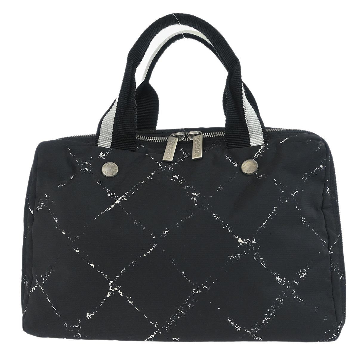 Chanel Travel Line Boston Printed Nylon Black Nylon Handbag (Pre-Owned)