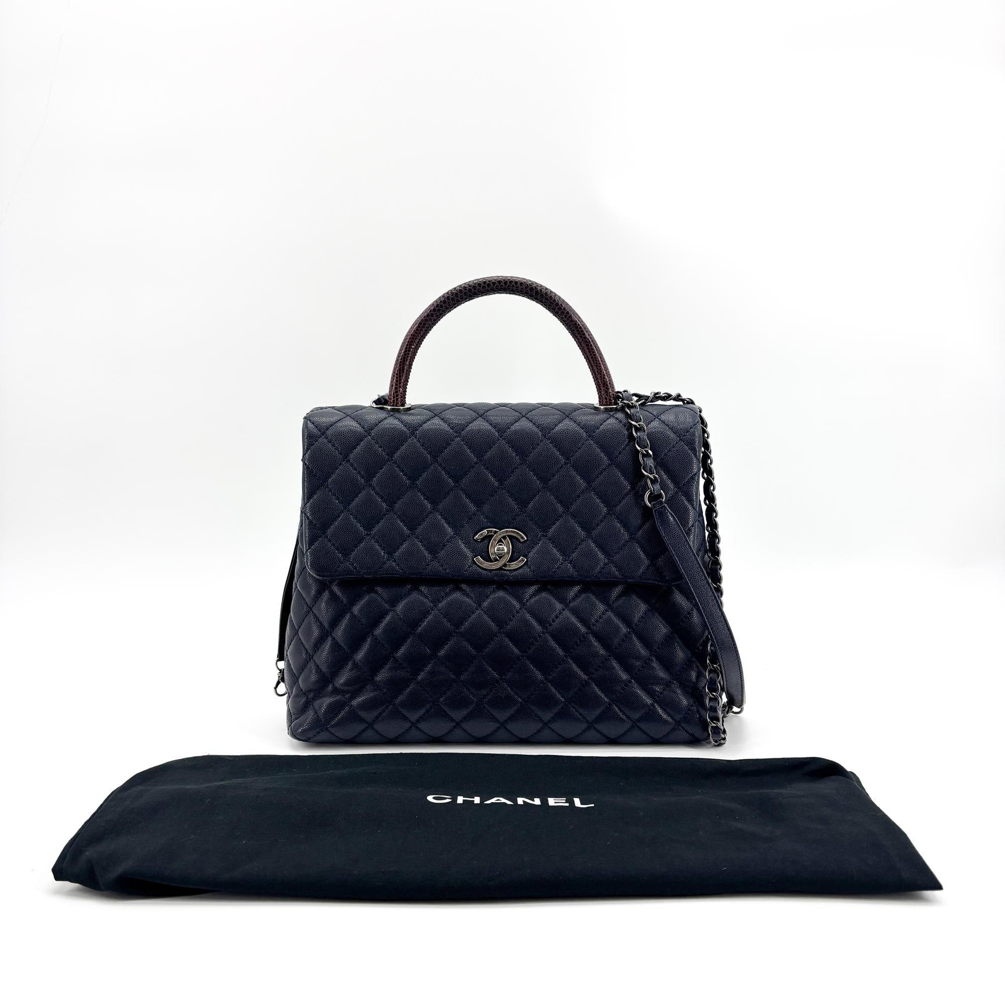 Chanel Coco Top Handle Quilted Caviar With Lizard Navy Leather Handbag (Pre-Owned)