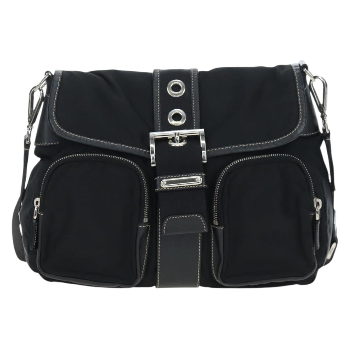Prada Double Pocket Buckle Flap Tessuto And Leather Black Nylon Handbag (Pre-Owned)