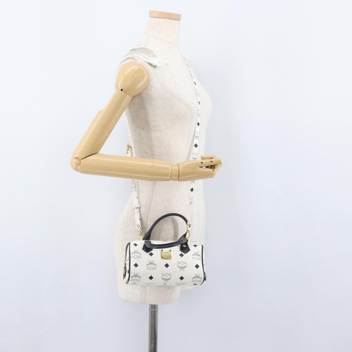 MCM Vicetos Logogram Boston White Leather Travel Bag Bag (Pre-Owned)