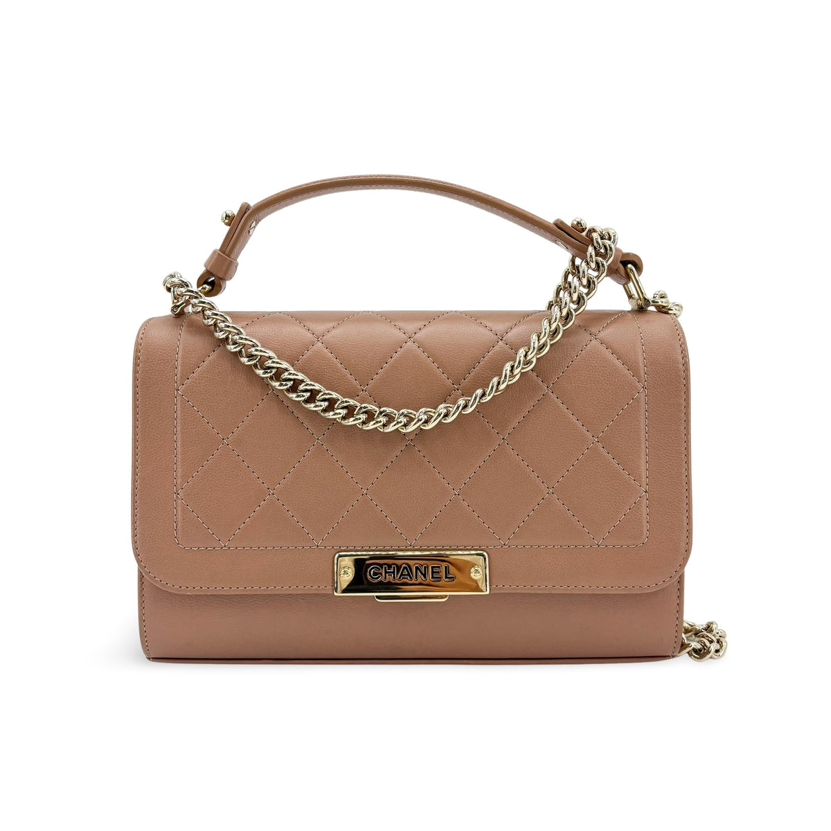 Chanel Label Click Flap Quilted Calfskin Brown Leather Handbag (Pre-Owned)