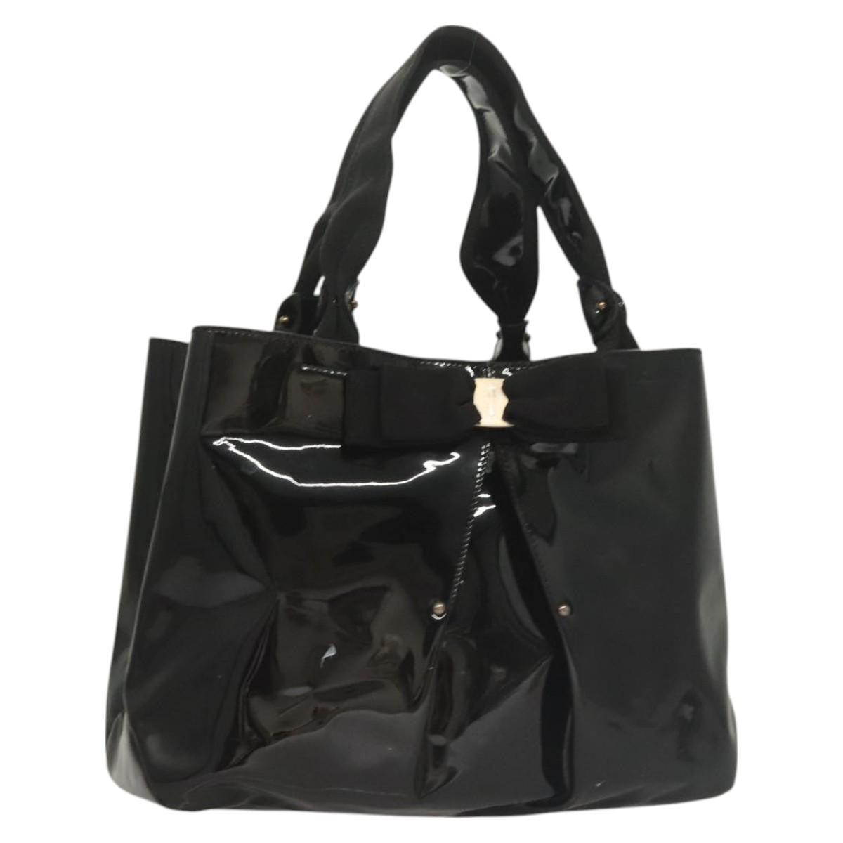 Salvatore Ferragamo Vala Patent Leather Black Patent_Leather Handbag (Pre-Owned)