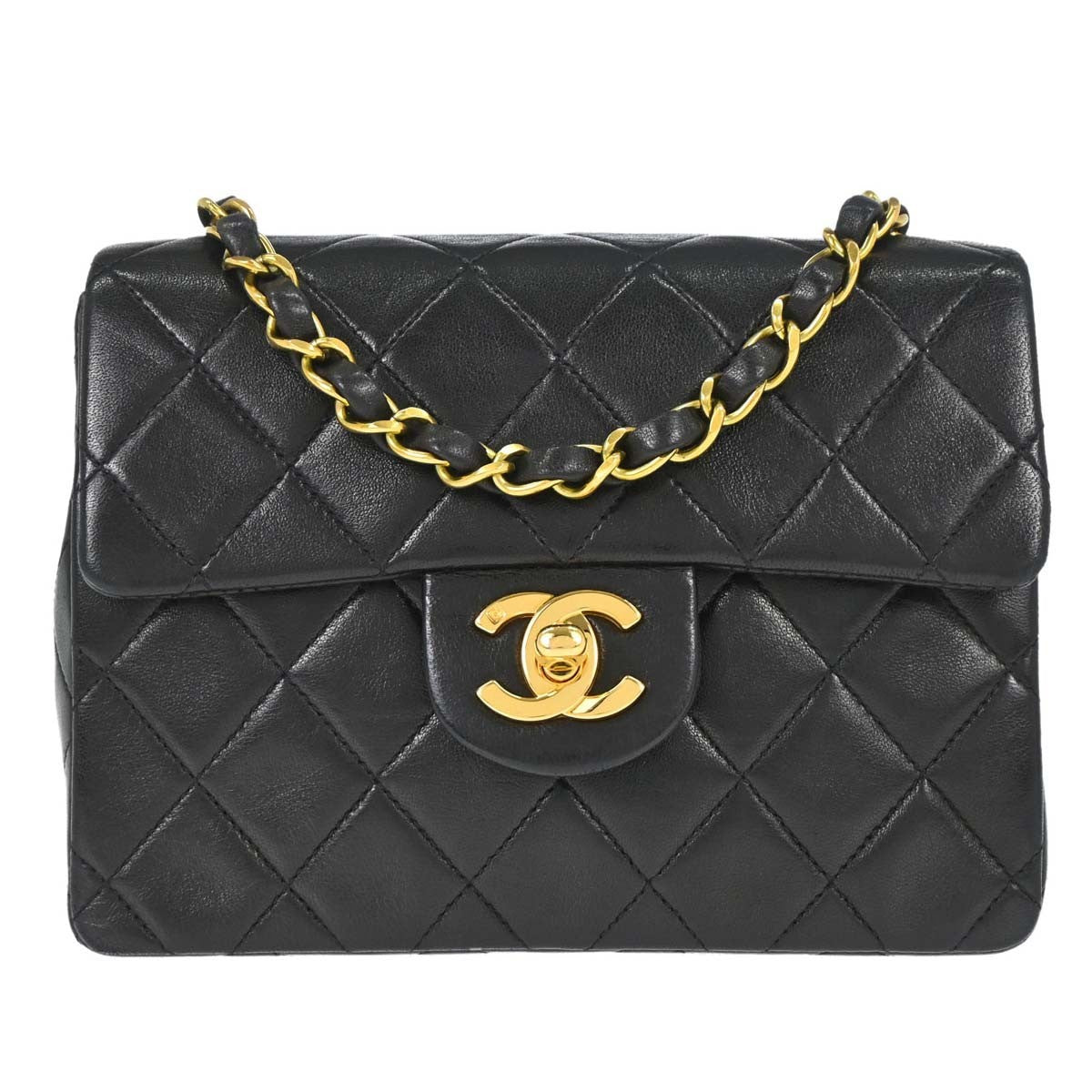 Chanel Vintage Square Classic Single Flap Quilted Lambskin Black Leather Shoulder Bag Bag (Pre-Owned)