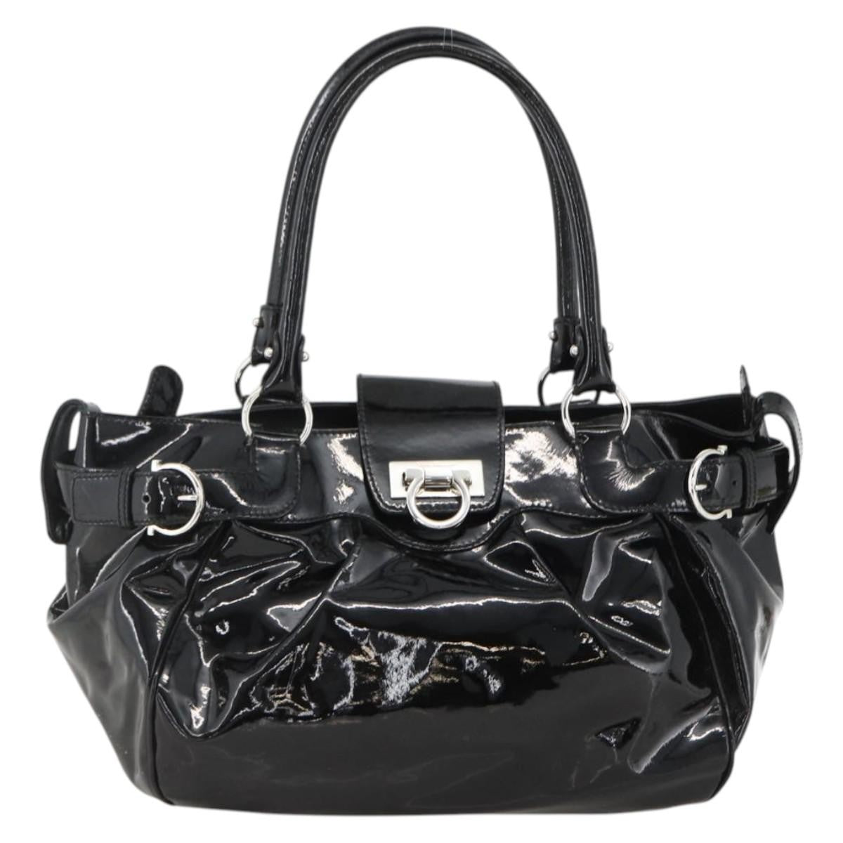 Salvatore Ferragamo Gancini Patent Leather Black Patent_Leather Handbag (Pre-Owned)
