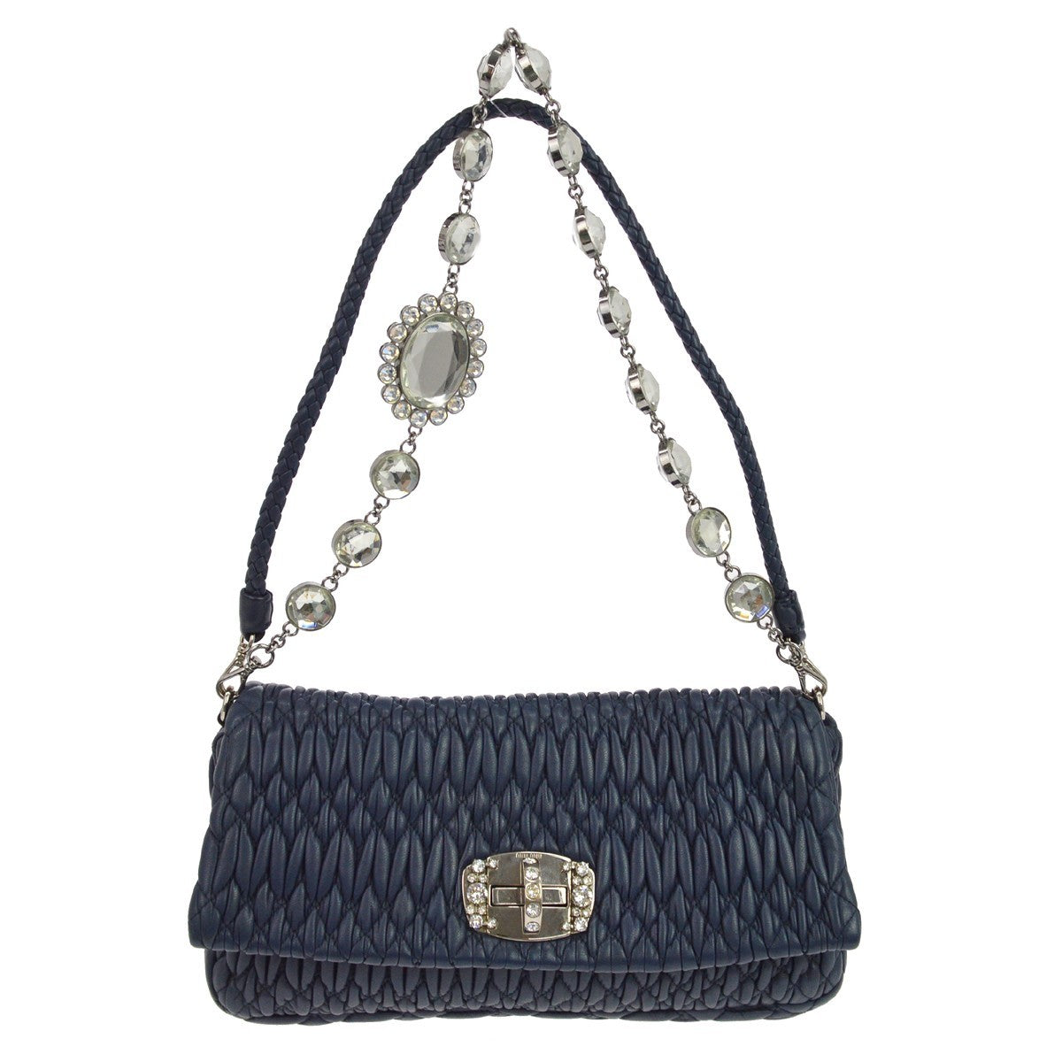 Miu Miu Crystal Clutch Matelasse Leather Navy Leather Clutche & Pouche Bag (Pre-Owned)