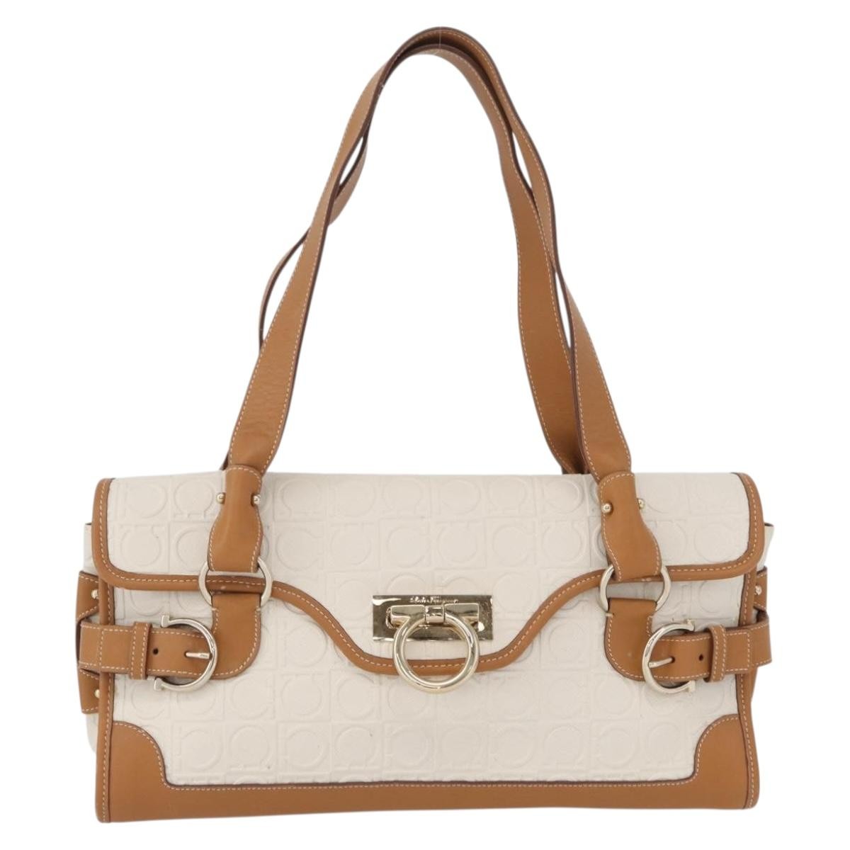 Salvatore Ferragamo Gancini Top Handle Canvas White Pvc Handbag (Pre-Owned)