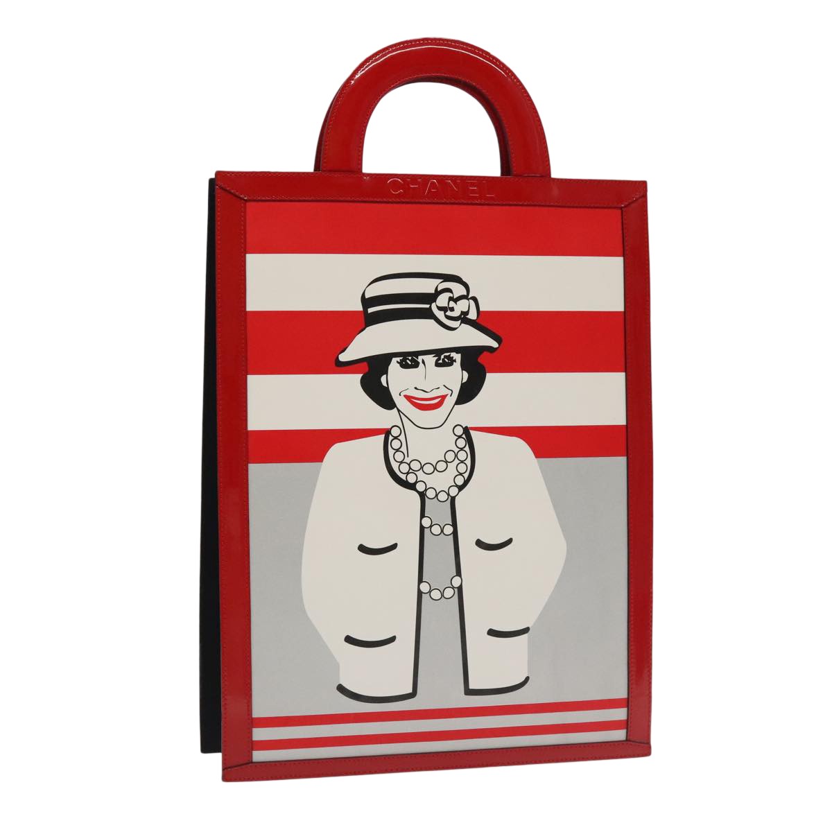 Chanel Vintage Portrait Tote Printed Leather And Quilted Patent Red Leather Tote Bag Bag (Pre-Owned)