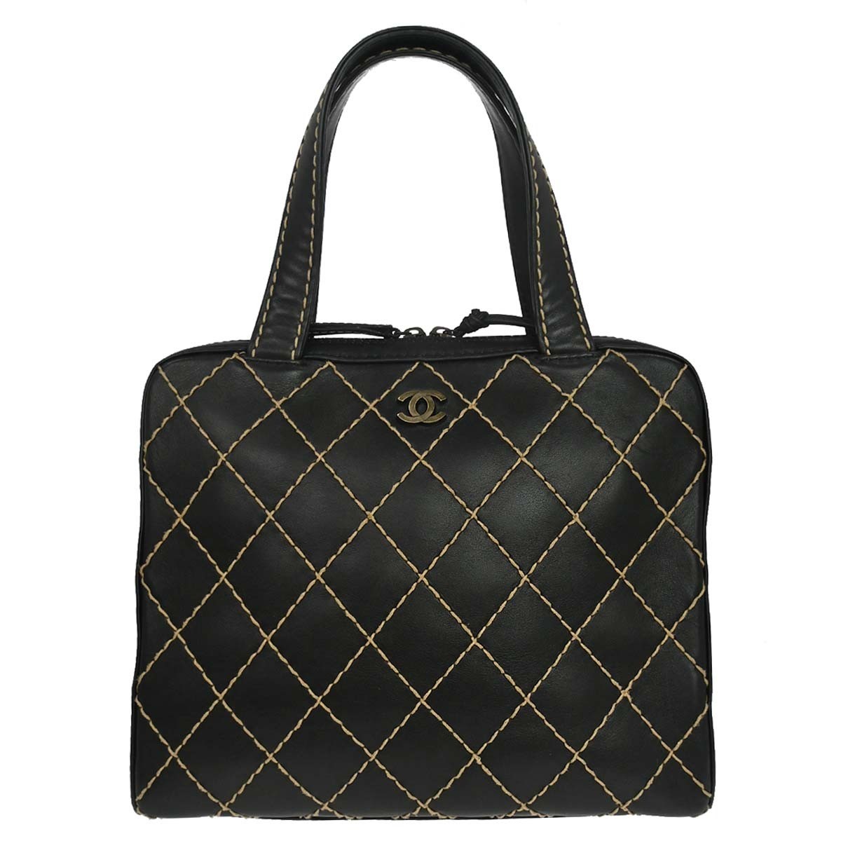 Chanel Surpique Zip Around Satchel Quilted Leather Black Leather Handbag (Pre-Owned)