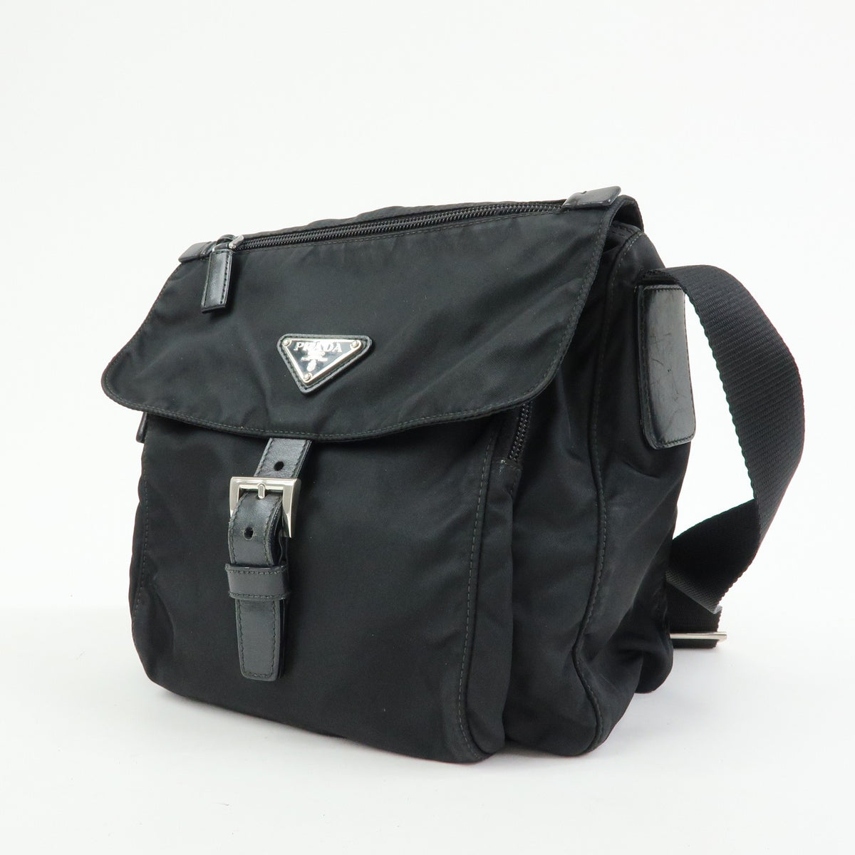 Prada Zip Buckle Messenger Tessuto Black Nylon Handbag (Pre-Owned)