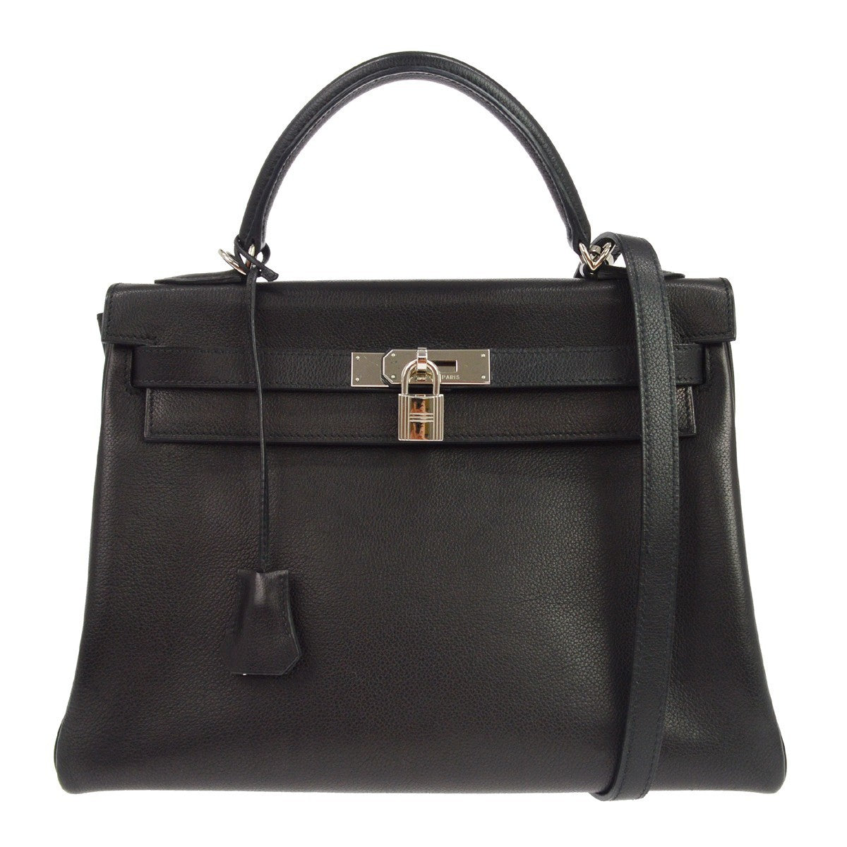 Hermes Kelly Black Evercalf With Palladium Hardware Black Leather Handbag (Pre-Owned)