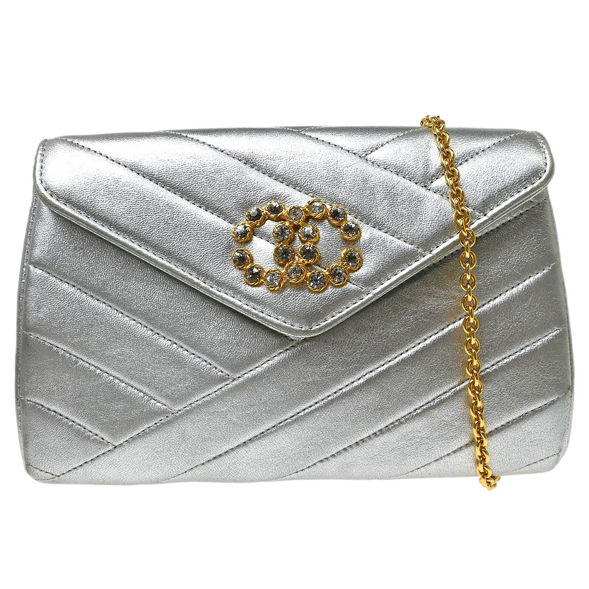 Chanel Vintage Crystal Cc Flap Chevron Leather Silver Leather Shoulder Bag Bag (Pre-Owned)