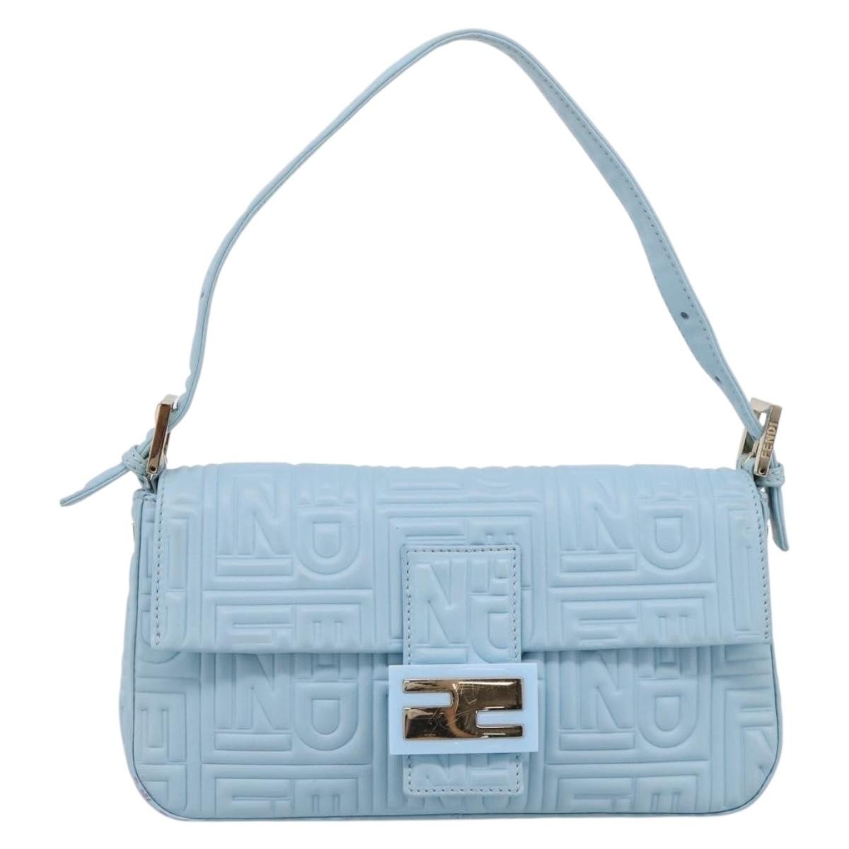 Fendi Mamma Baguette Zucchino Canvas Blue Leather Shoulder Bag Bag (Pre-Owned)