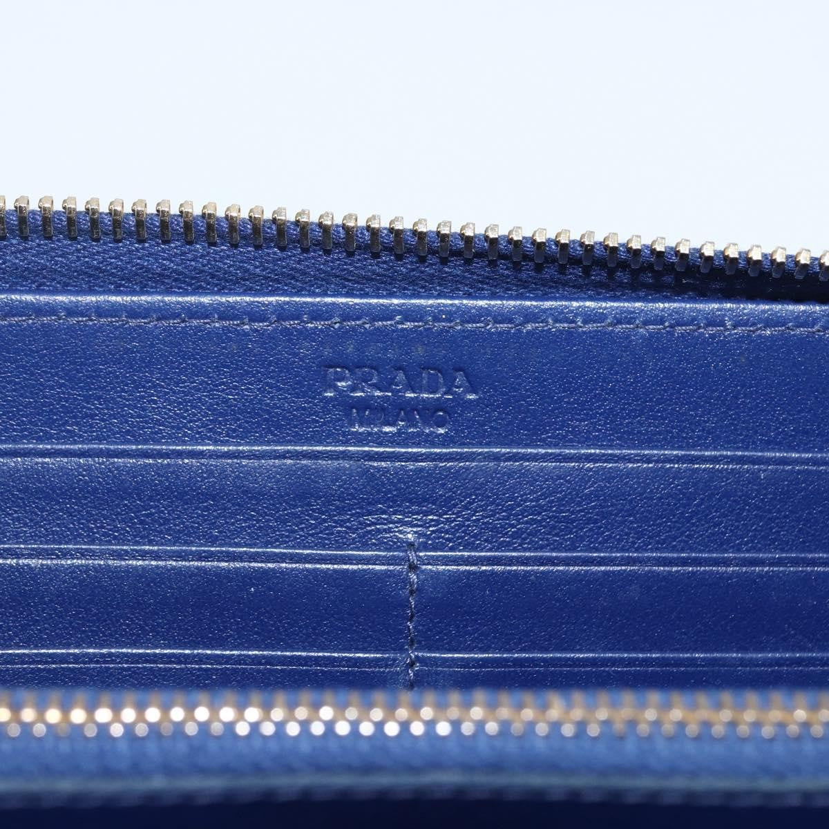 Prada Zip Around Organizer Saffiano Leather With Applique Blue Leather Wallets Accessory (Pre-Owned)
