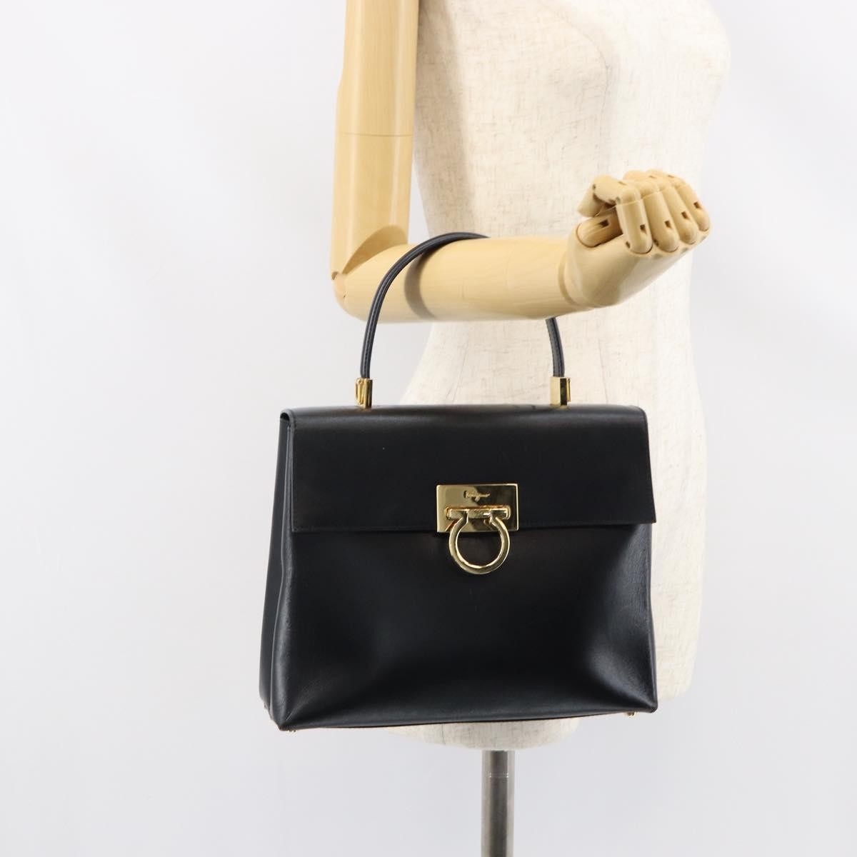 Salvatore Ferragamo Gancini Convertible Top Handle Leather Black Leather Handbag (Pre-Owned)