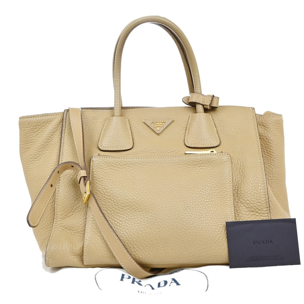 Prada Front Pocket Wing Convertible Vitello Daino Beige Leather Tote Bag Bag (Pre-Owned)