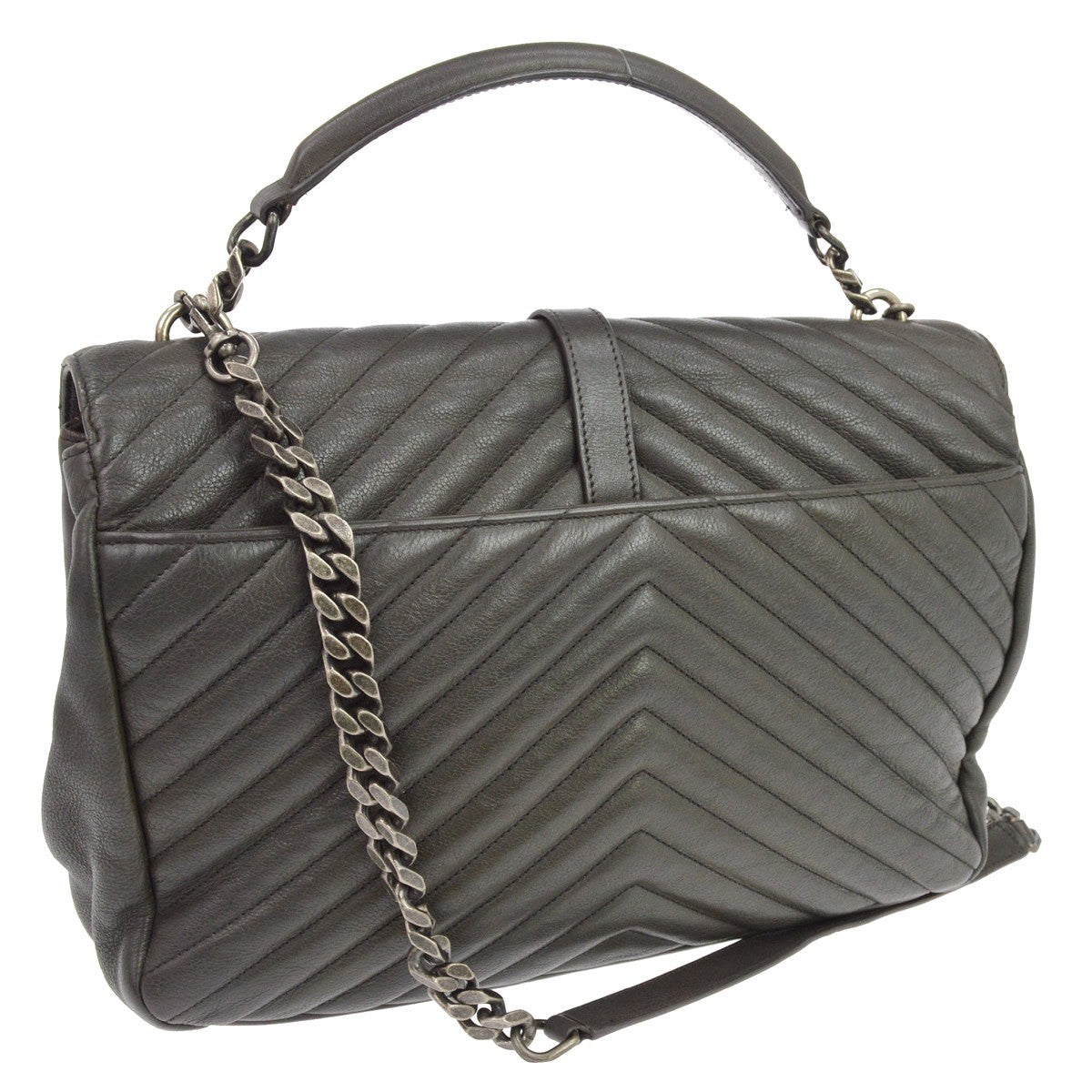 Saint Laurent Classic Monogram College Matelasse Chevron Leather Gray Leather Handbag (Pre-Owned)