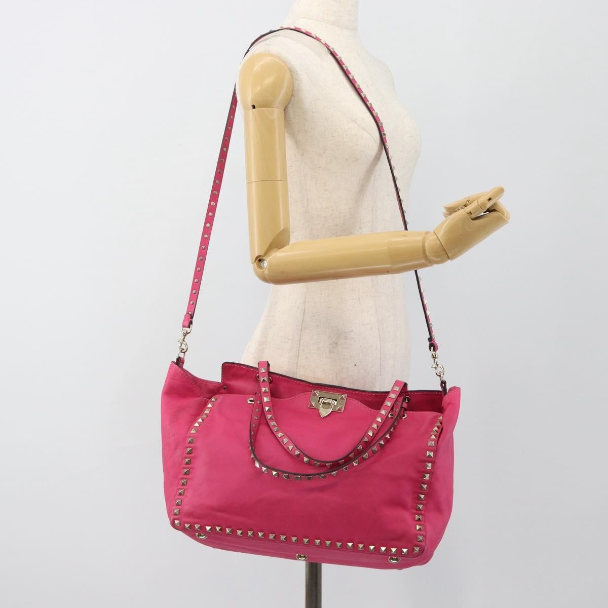 Valentino Garavani Rockstud Tote Textured Leather Pink Leather Tote Bag Bag (Pre-Owned)