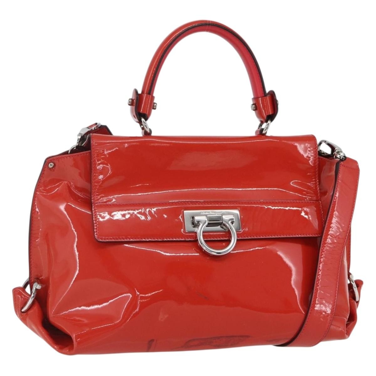Salvatore Ferragamo Gancini Patent Leather Red Patent_Leather Handbag (Pre-Owned)