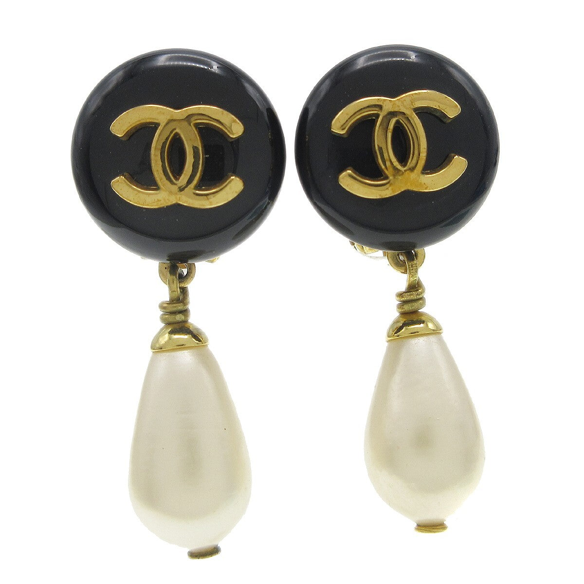 Chanel Cc Dangle Metal With Faux Pearl Gold Gold_Plated Earrings Jewelry (Pre-Owned)