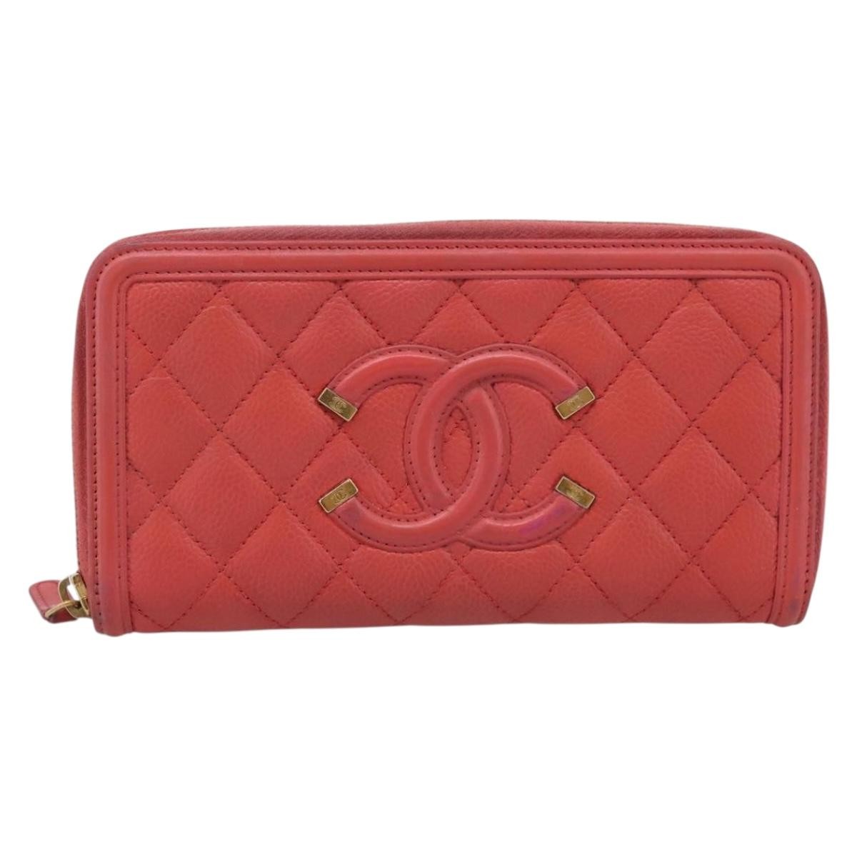 Chanel Filigree Zip Around Quilted Caviar Orange Calfskin Wallets Accessory (Pre-Owned)