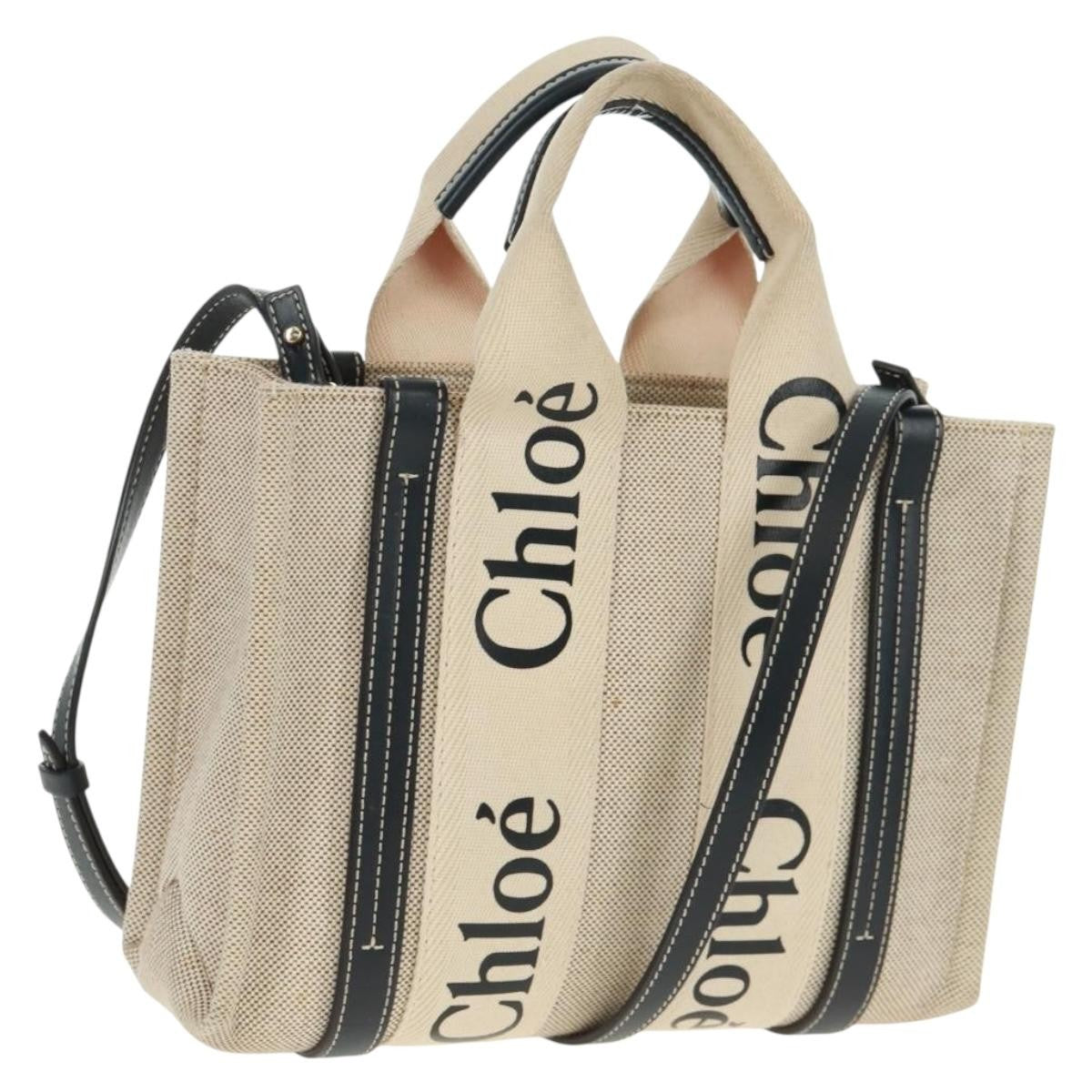 Chloe Woody Convertible Canvas With Leather Beige Canvas Tote Bag Bag (Pre-Owned)