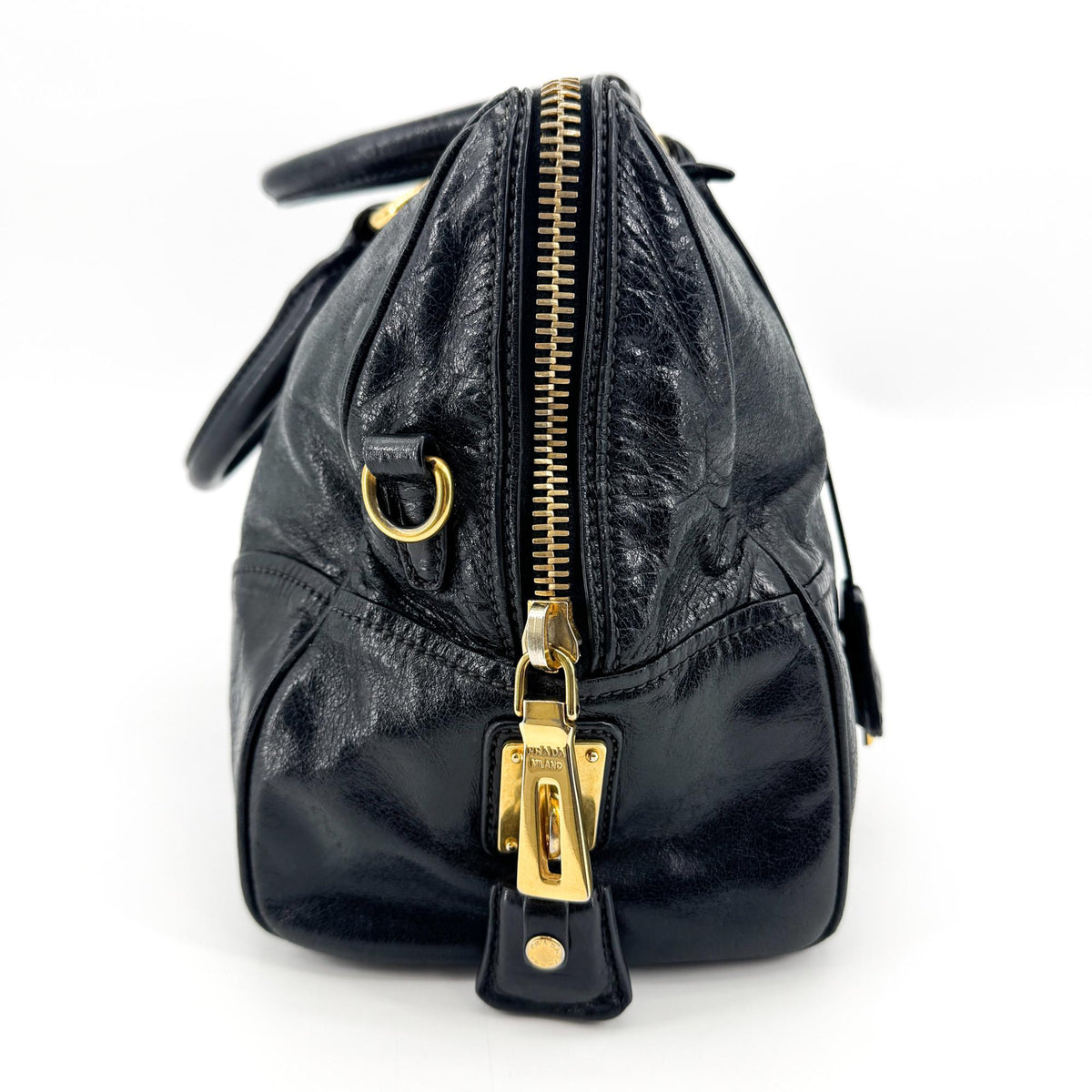 Prada Convertible Boston Vitello Shine Black Leather Handbag (Pre-Owned)