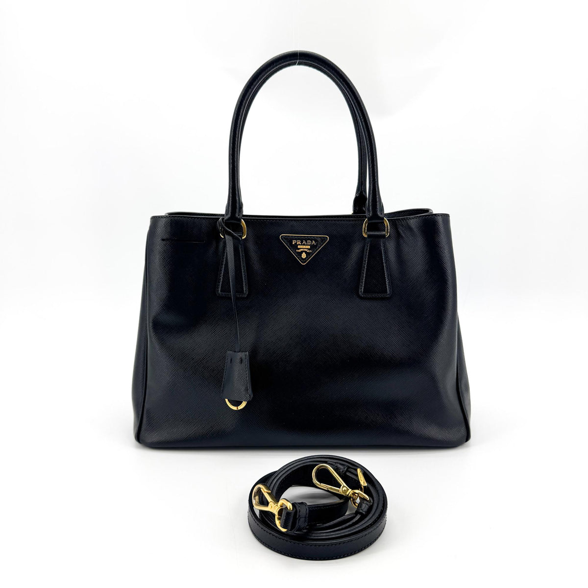 Prada Galleria Double Zip Spazzolato Leather Black Leather Tote Bag Bag (Pre-Owned)