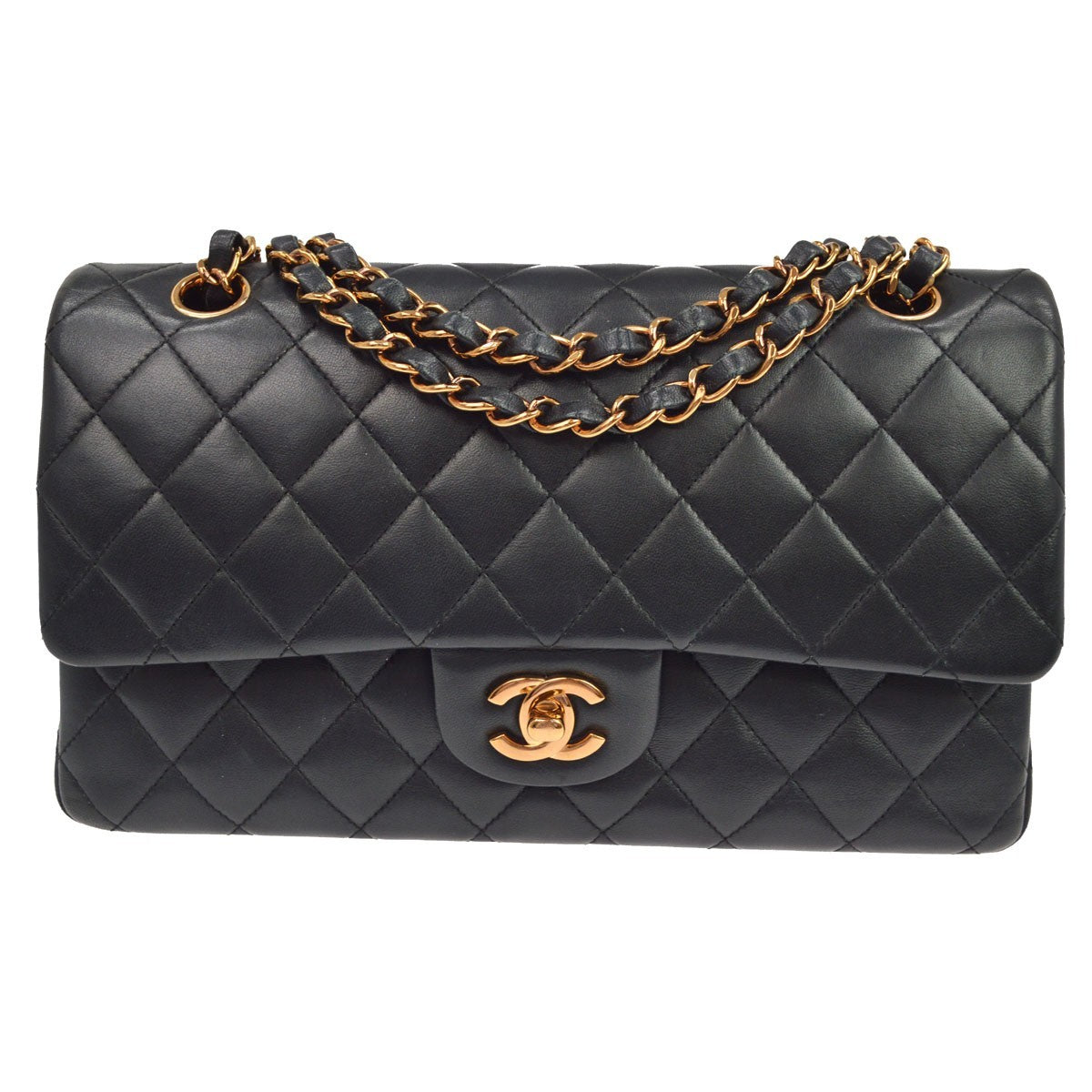 Chanel Classic Timeless Double Flap Quilted Lambskin Black Leather Handbag (Pre-Owned)
