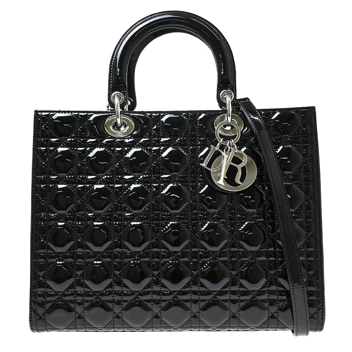 Christian Dior Lady Dior Patent Black Patent_Leather Handbag (Pre-Owned)