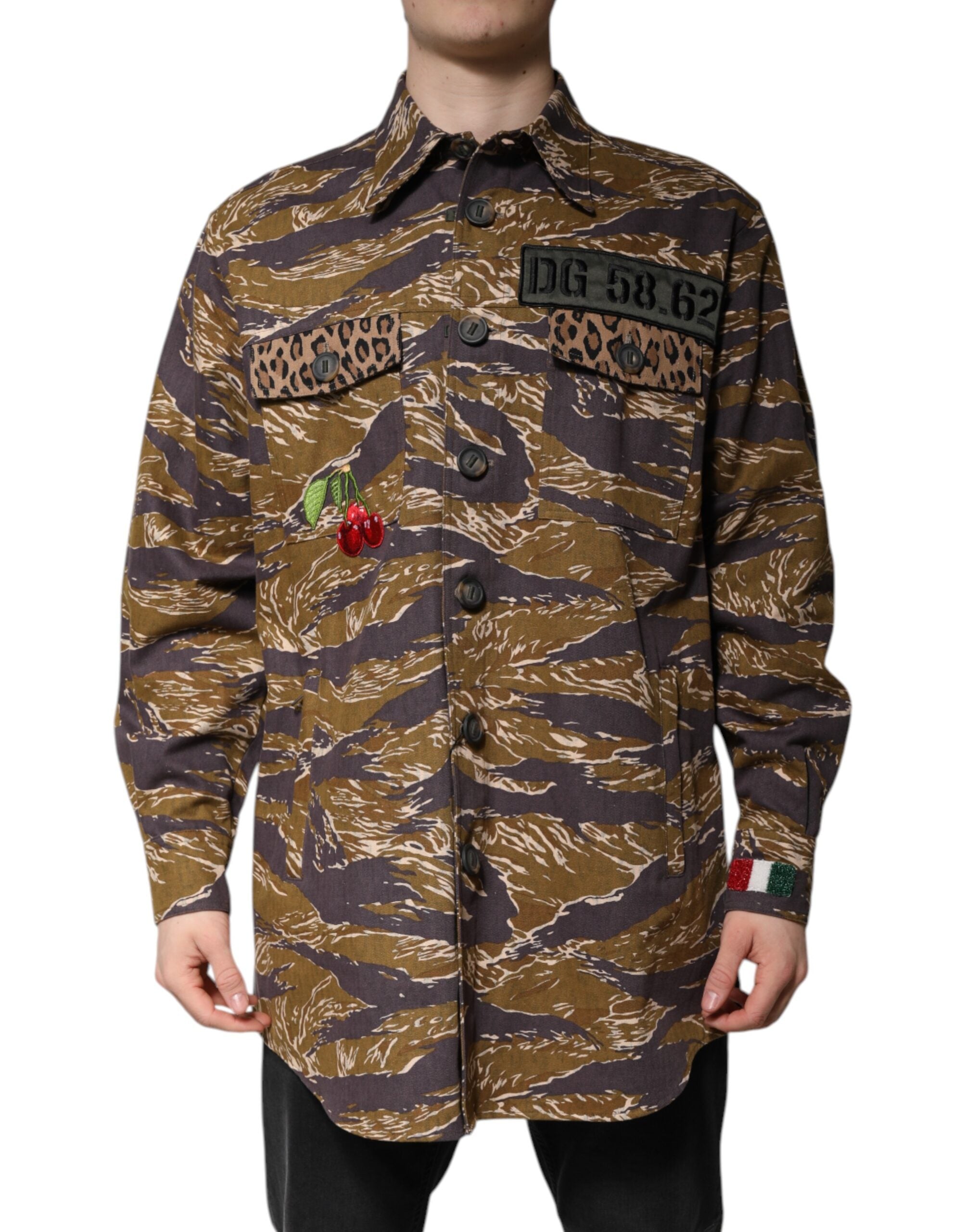 Dolce & Gabbana Brown Leopard Cotton Collared Coat Men's Jacket