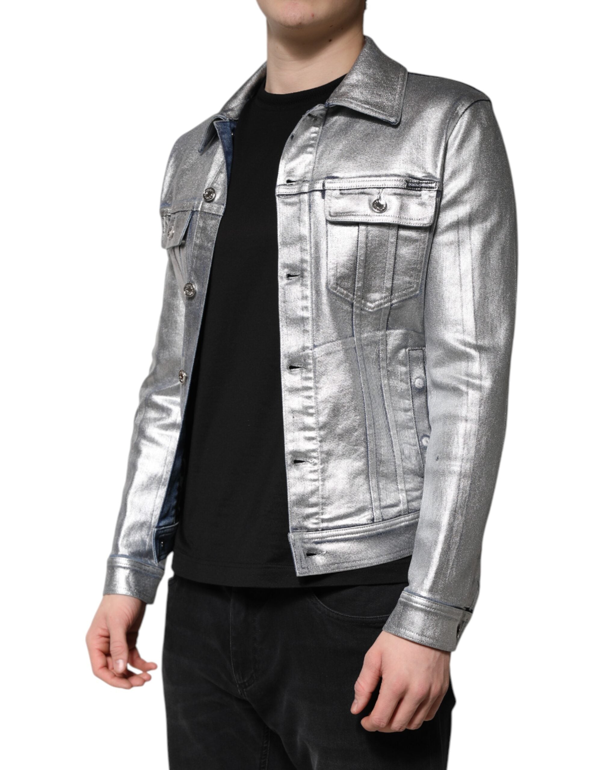 Dolce & Gabbana Silver Cotton Button Down Denim Biker Men's Jacket (Pre-Owned)